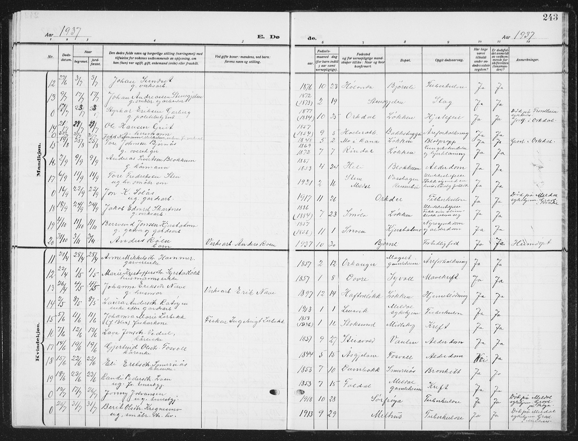 Ministerialprotokoller, klokkerbøker og fødselsregistre - Sør-Trøndelag, AV/SAT-A-1456/672/L0866: Parish register (copy) no. 672C05, 1929-1939, p. 243
