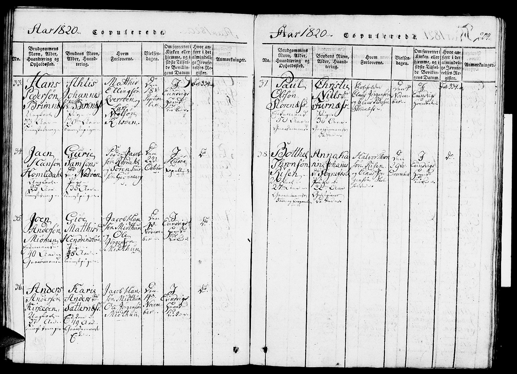 Gulen sokneprestembete, AV/SAB-A-80201/H/Haa/Haaa/L0018: Parish register (official) no. A 18, 1816-1825, p. 204