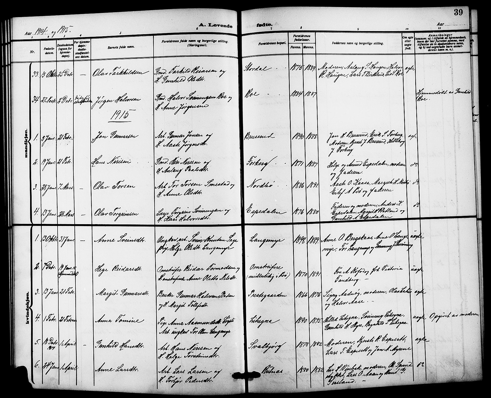 Bø kirkebøker, SAKO/A-257/G/Ga/L0007: Parish register (copy) no. 7, 1909-1924, p. 39