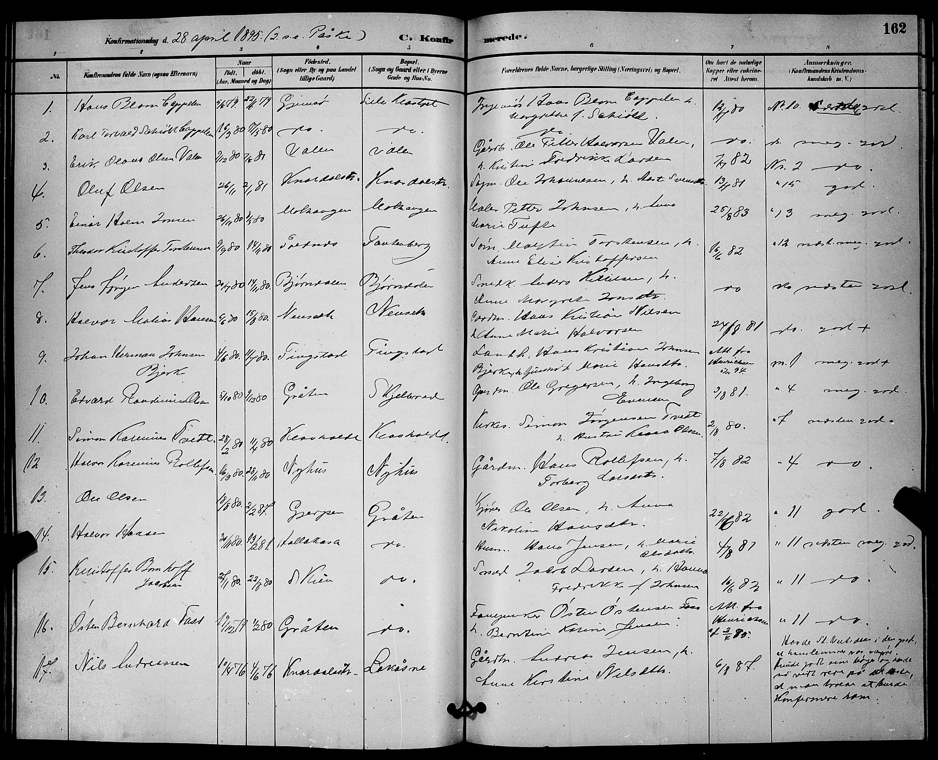 Solum kirkebøker, SAKO/A-306/G/Ga/L0007: Parish register (copy) no. I 7, 1884-1898, p. 162