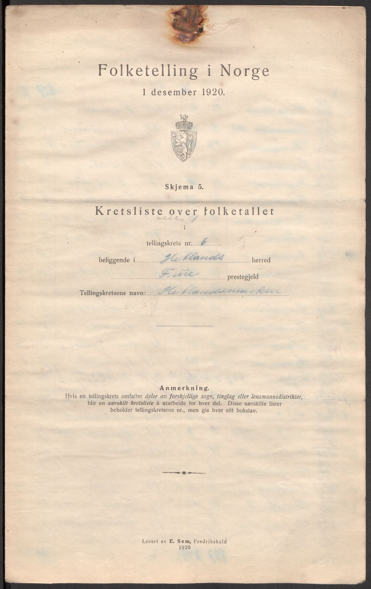 SAST, 1920 census for Hetland, 1920, p. 26