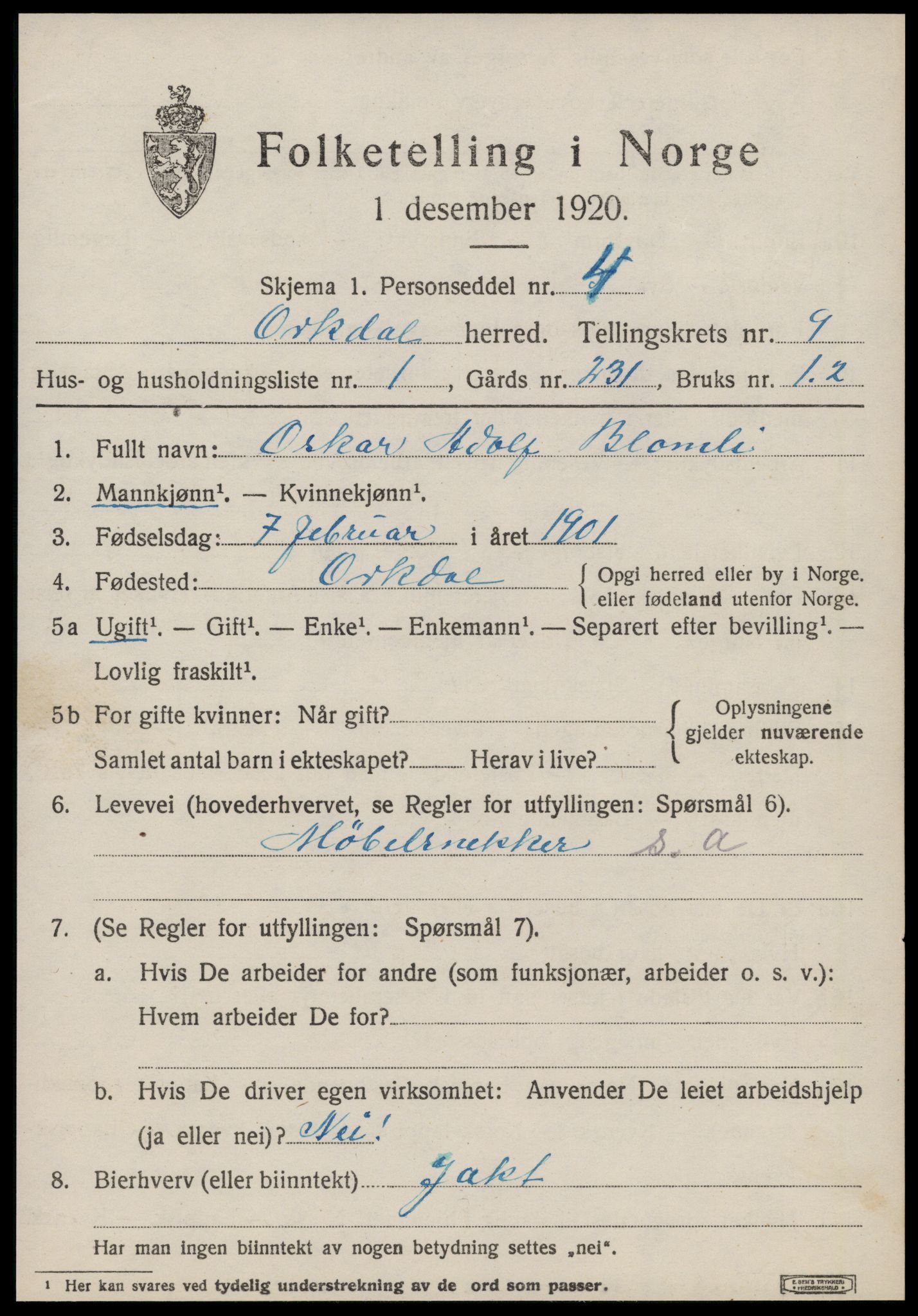 SAT, 1920 census for Orkdal, 1920, p. 6882