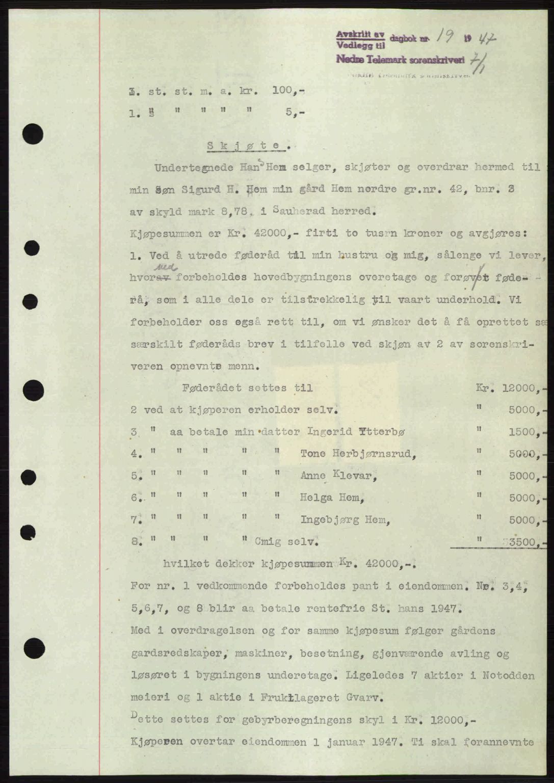 Nedre Telemark sorenskriveri, AV/SAKO-A-135/G/Ga/Gaa/L0057: Mortgage book no. A-57, 1946-1947, Diary no: : 19/1947