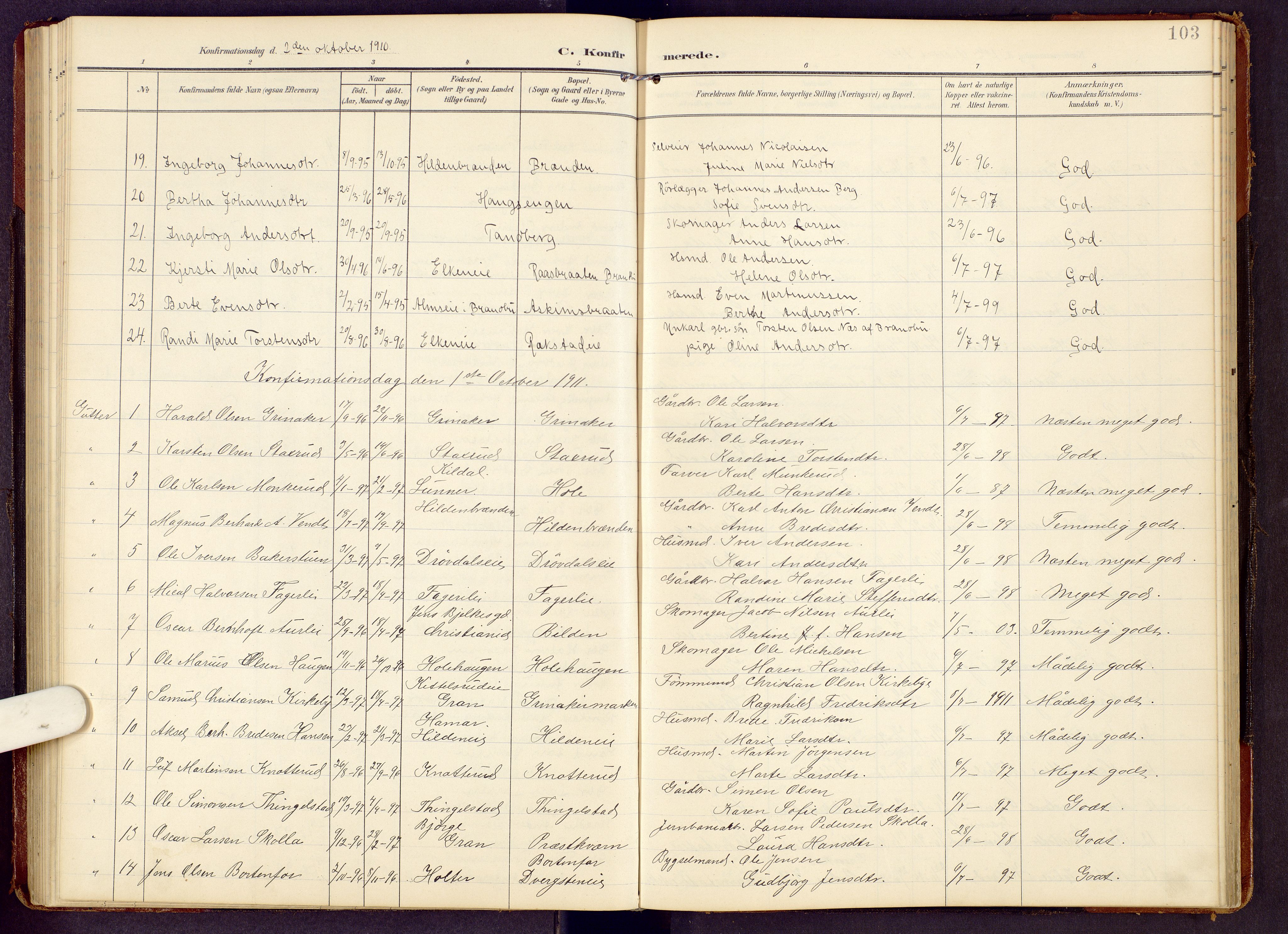 Brandbu prestekontor, SAH/PREST-114/H/Ha/Hab/L0009: Parish register (copy) no. 9, 1903-1916, p. 103