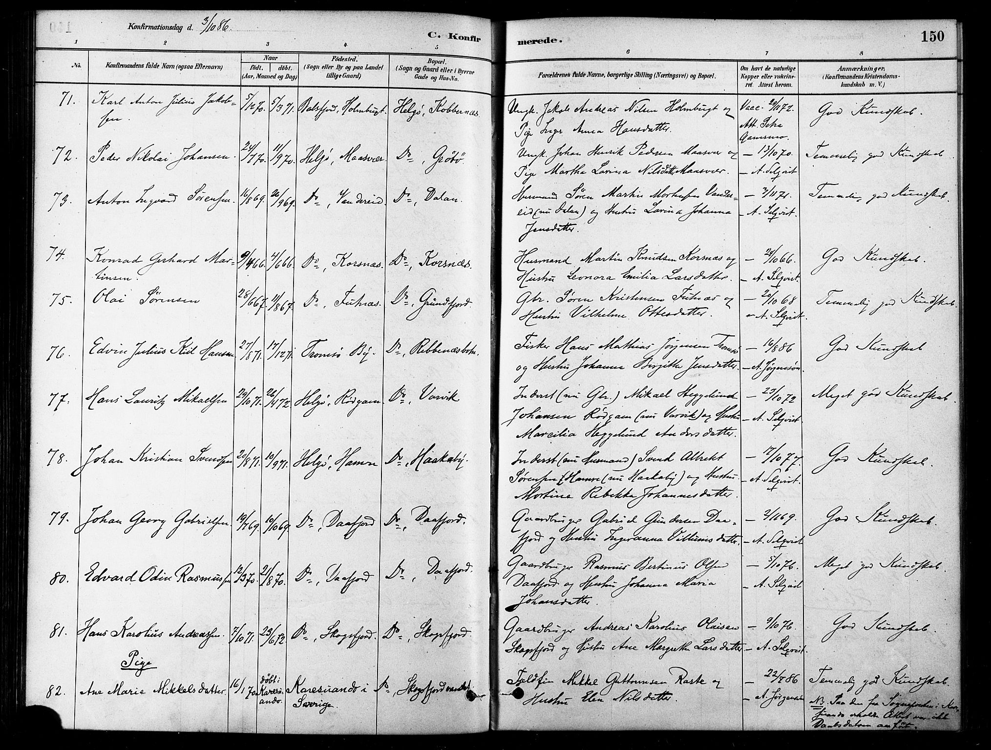 Karlsøy sokneprestembete, SATØ/S-1299/H/Ha/Haa/L0006kirke: Parish register (official) no. 6, 1879-1890, p. 150