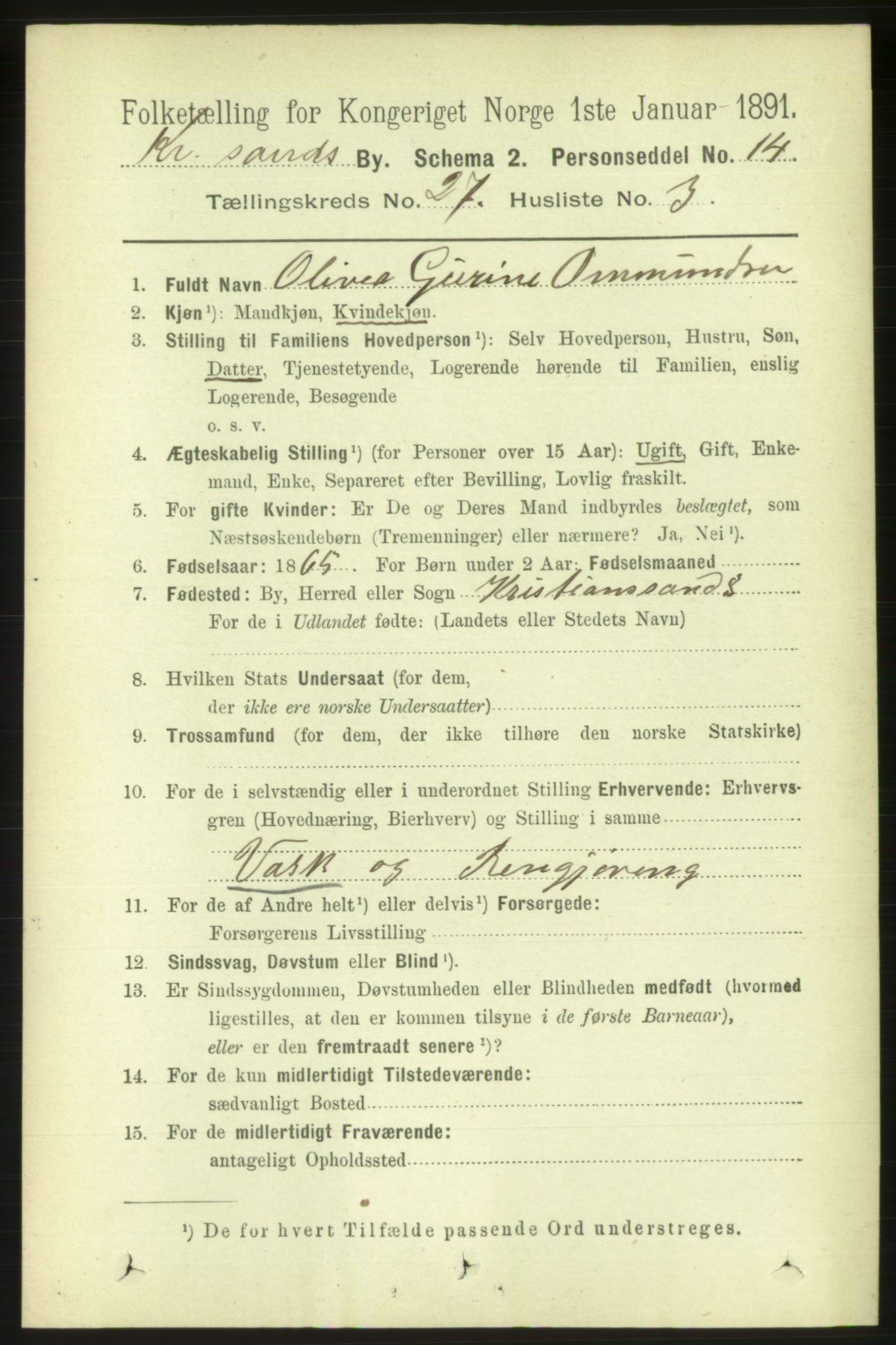 RA, 1891 census for 1001 Kristiansand, 1891, p. 9434