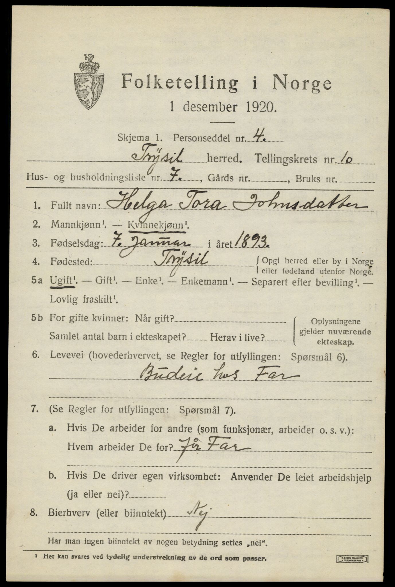 SAH, 1920 census for Trysil, 1920, p. 6939