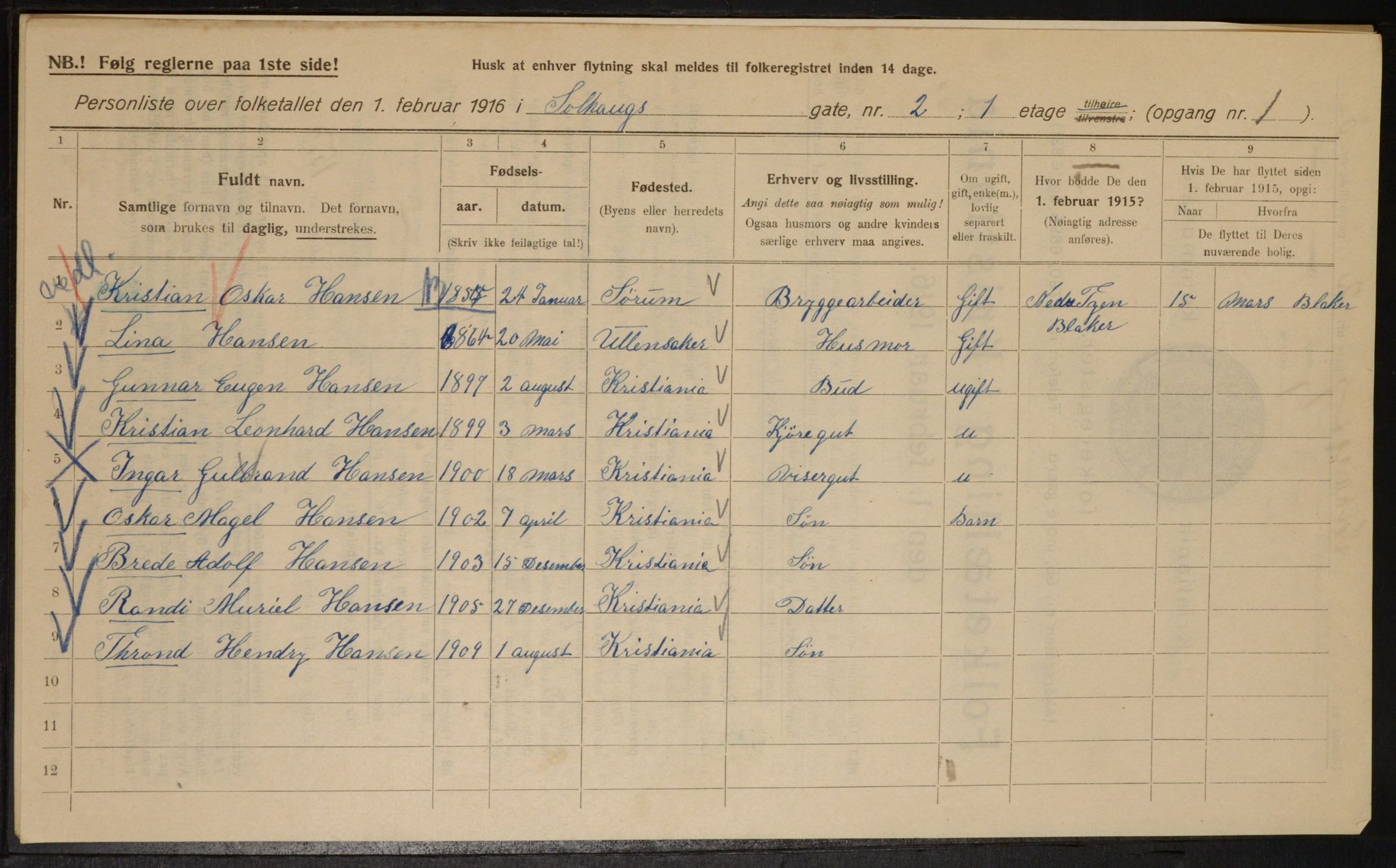 OBA, Municipal Census 1916 for Kristiania, 1916, p. 101884