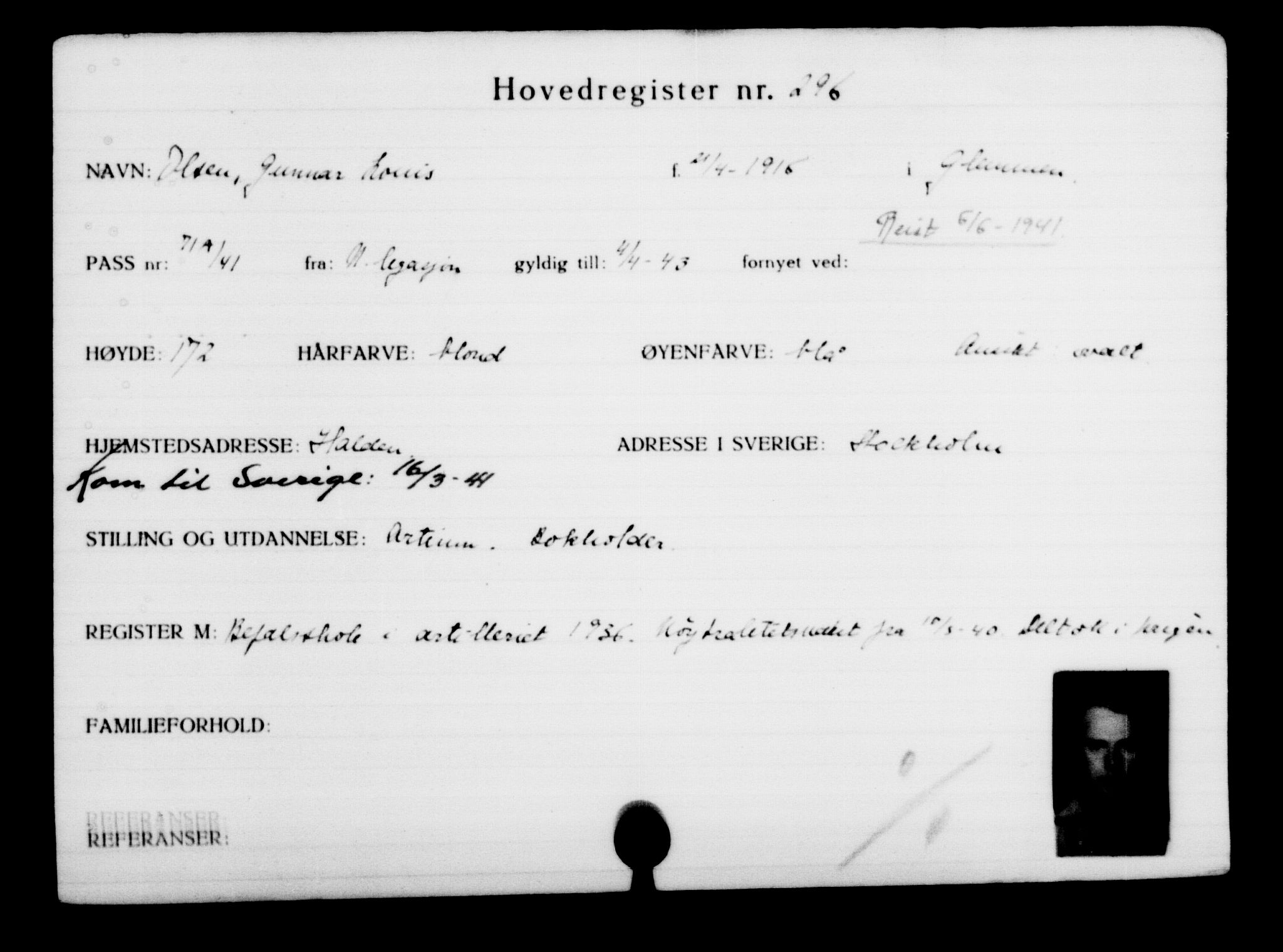 Utenriksstasjonene, Legasjonen i Stockholm, Flyktningkontoret, AV/RA-S-6753/V/Va/L0001: Kjesäterkartoteket, flyktninger med registreringsnr. 1-1000, 1940-1945, p. 474