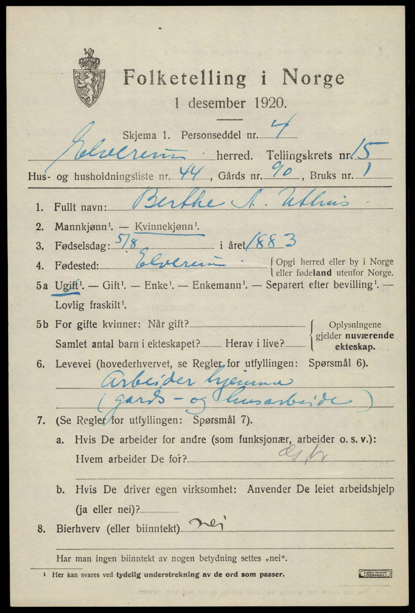 SAH, 1920 census for Elverum, 1920, p. 19722