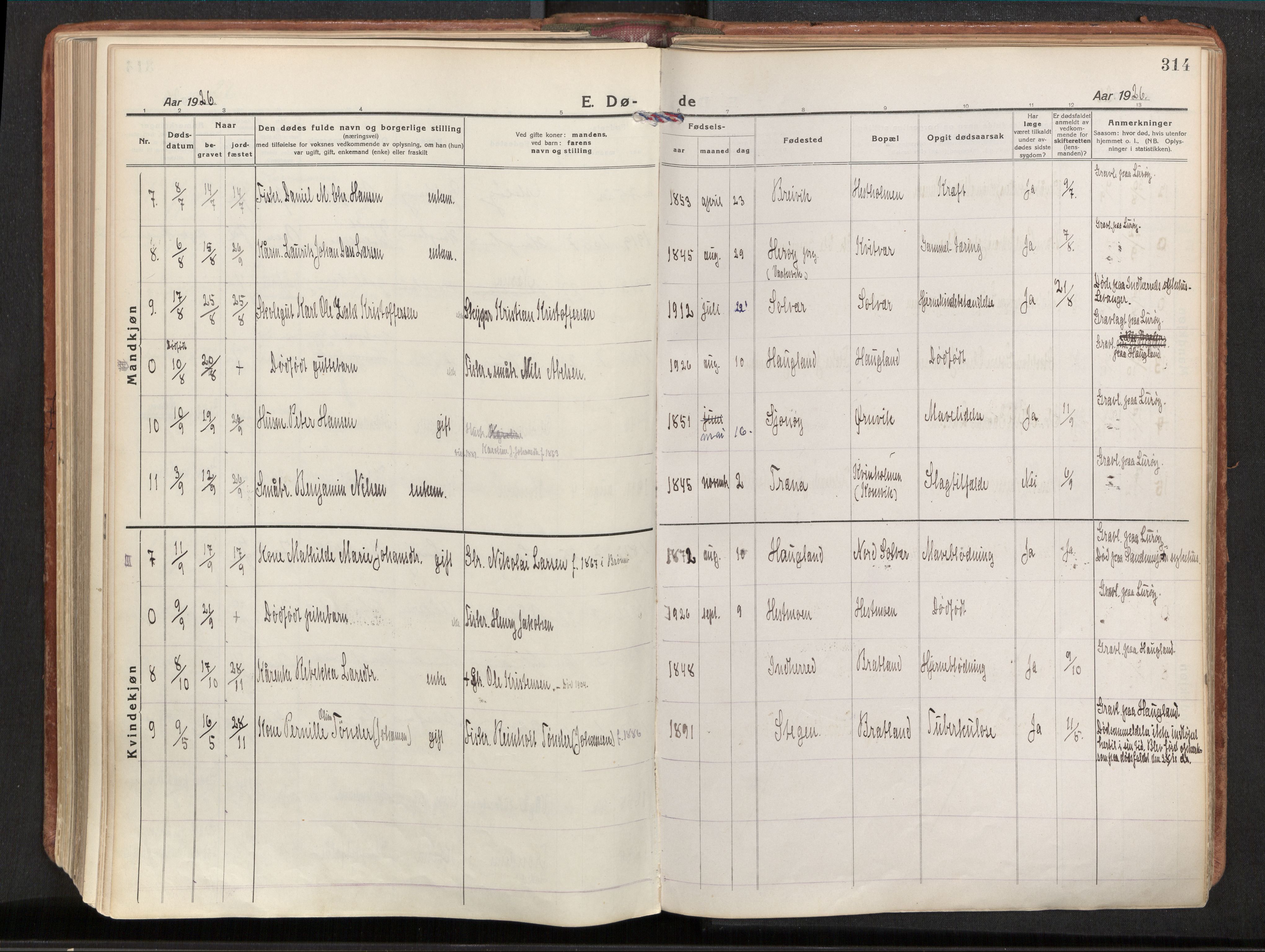 Ministerialprotokoller, klokkerbøker og fødselsregistre - Nordland, AV/SAT-A-1459/839/L0570: Parish register (official) no. 839A07, 1923-1942, p. 314