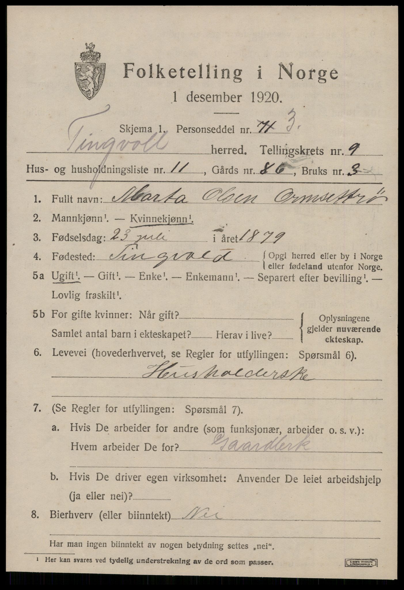 SAT, 1920 census for Tingvoll, 1920, p. 5236