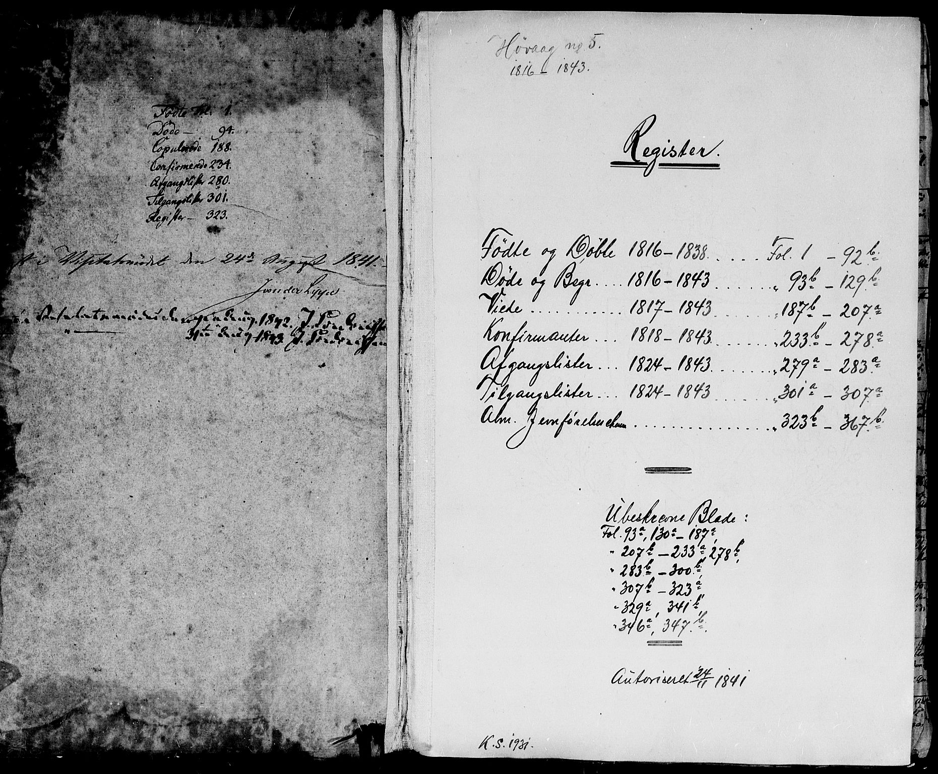 Høvåg sokneprestkontor, SAK/1111-0025/F/Fa/L0001: Parish register (official) no. A 1, 1816-1843