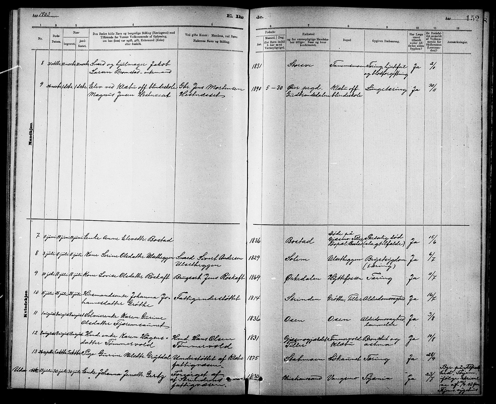 Ministerialprotokoller, klokkerbøker og fødselsregistre - Sør-Trøndelag, AV/SAT-A-1456/618/L0452: Parish register (copy) no. 618C03, 1884-1906, p. 152