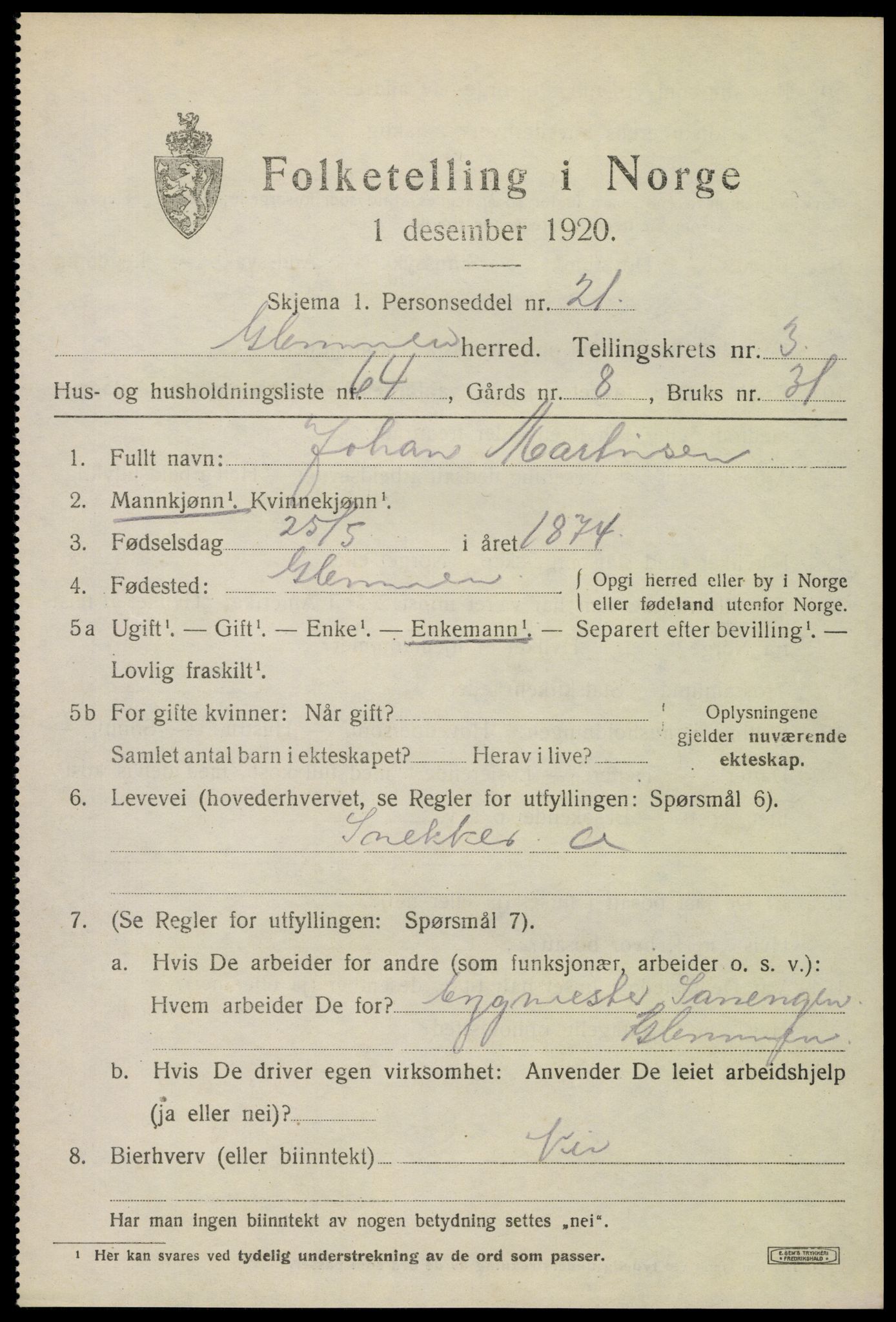 SAO, 1920 census for Glemmen, 1920, p. 7299