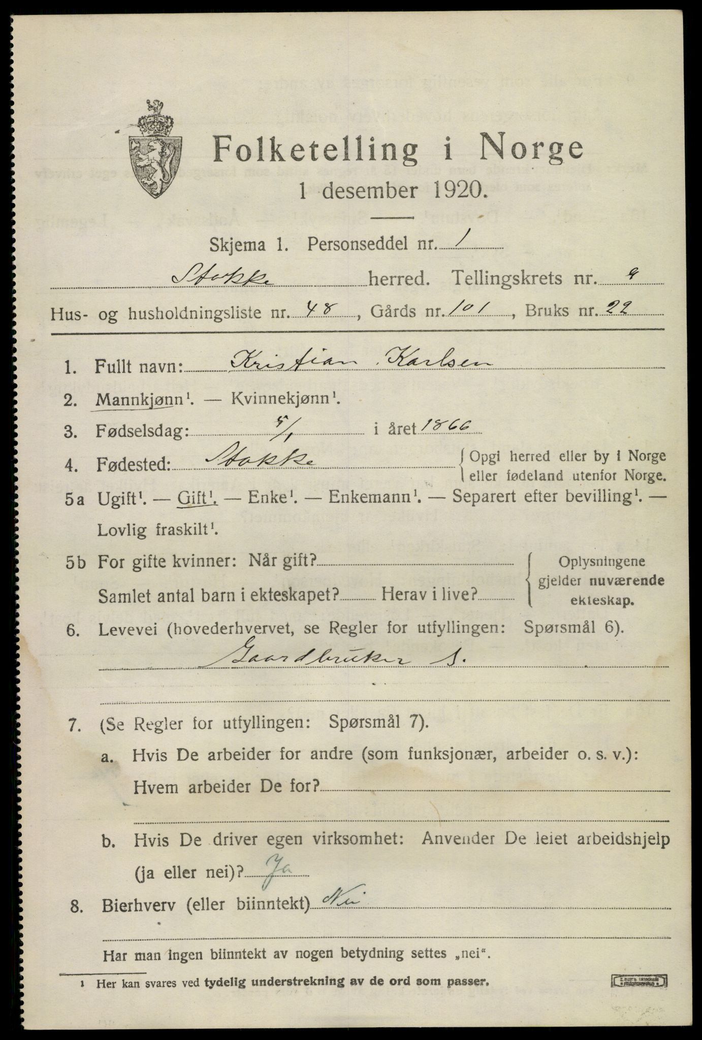 SAKO, 1920 census for Stokke, 1920, p. 10932
