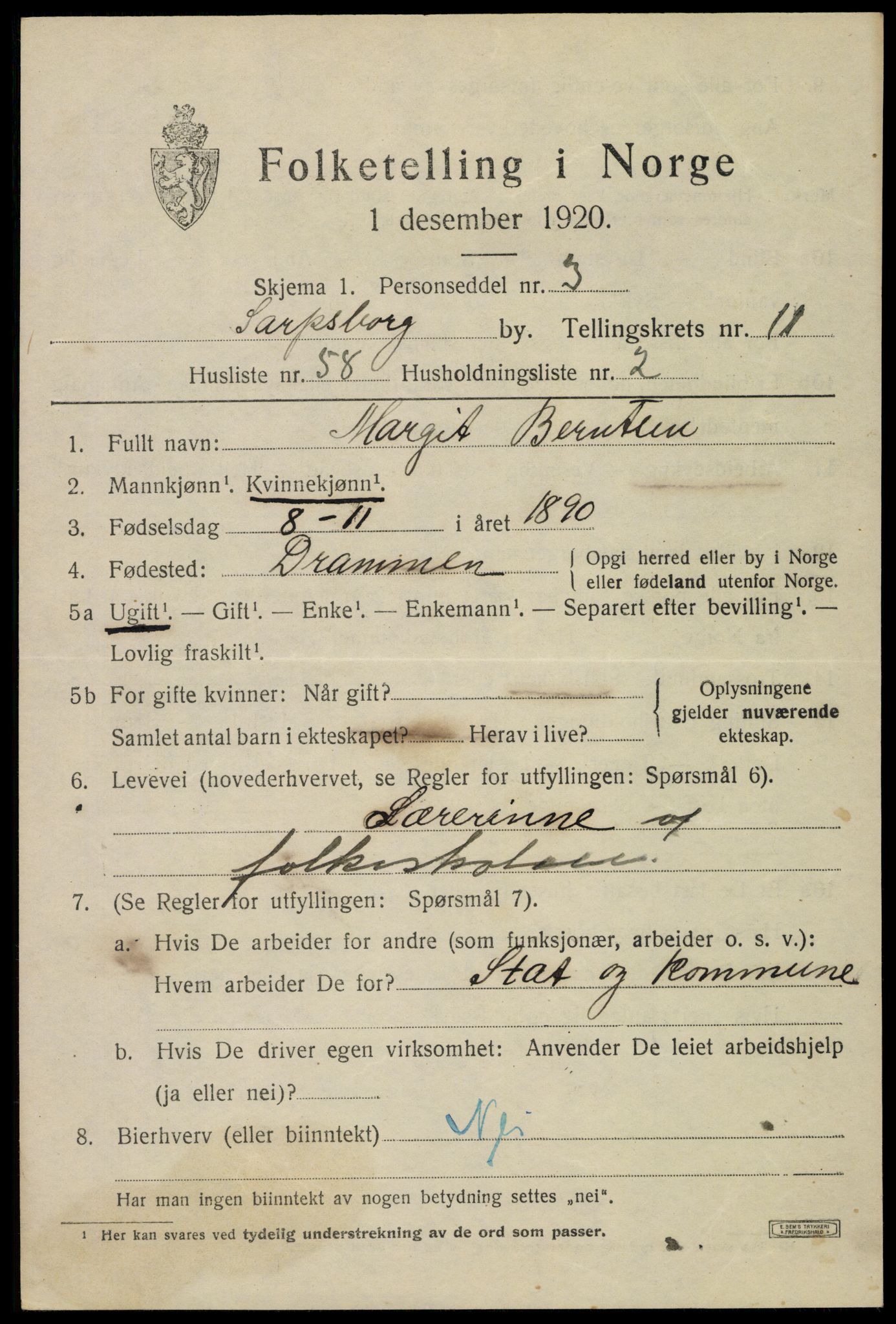 SAO, 1920 census for Sarpsborg, 1920, p. 23962