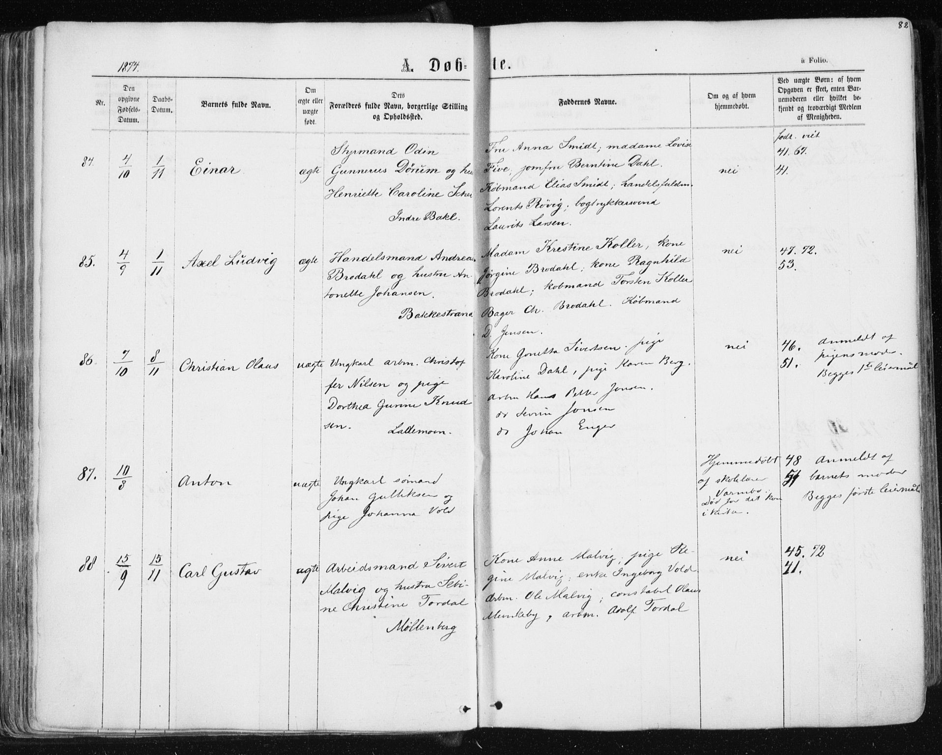 Ministerialprotokoller, klokkerbøker og fødselsregistre - Sør-Trøndelag, SAT/A-1456/604/L0186: Parish register (official) no. 604A07, 1866-1877, p. 82