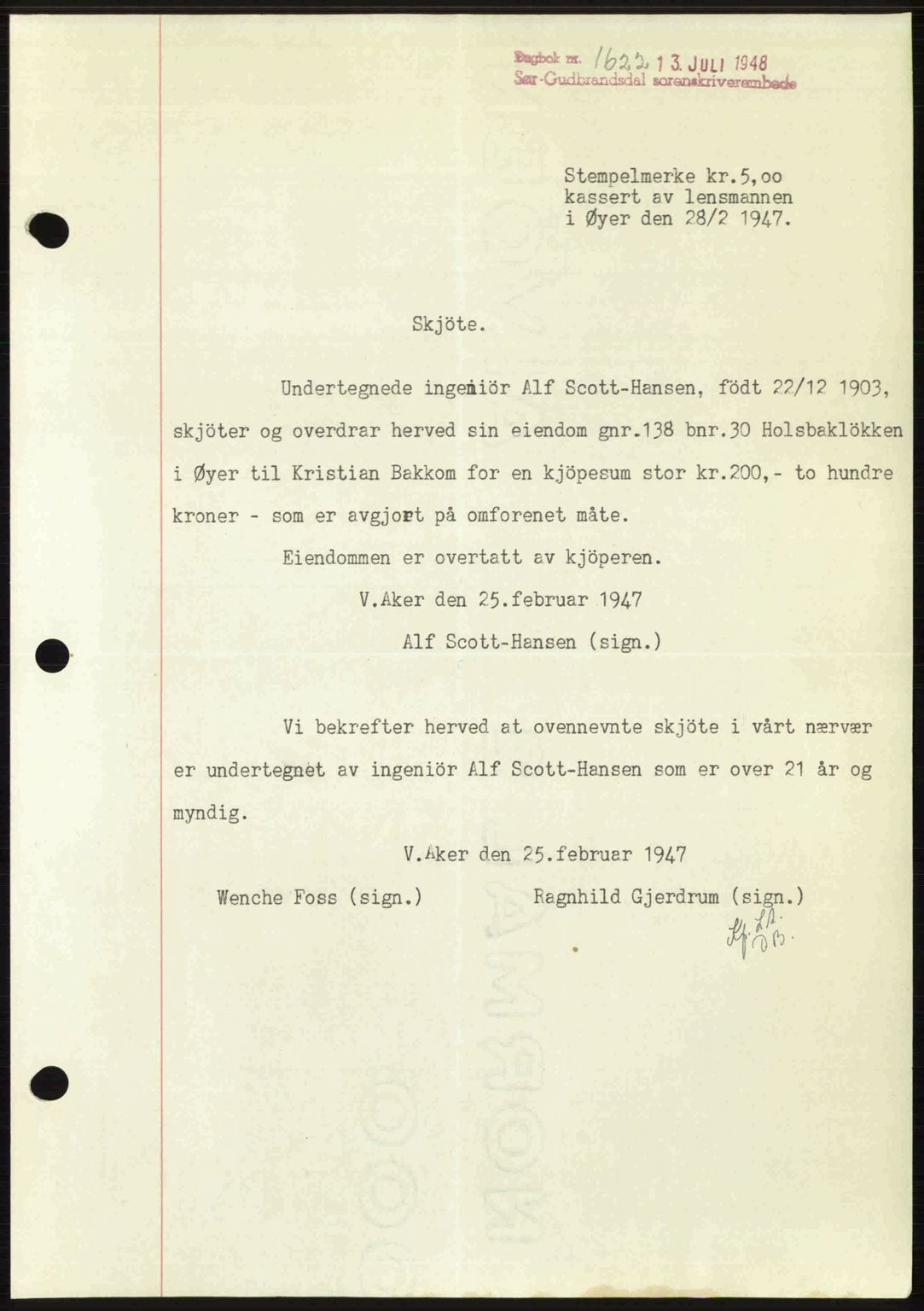 Sør-Gudbrandsdal tingrett, SAH/TING-004/H/Hb/Hbd/L0022: Mortgage book no. A22, 1948-1948, Diary no: : 1622/1948