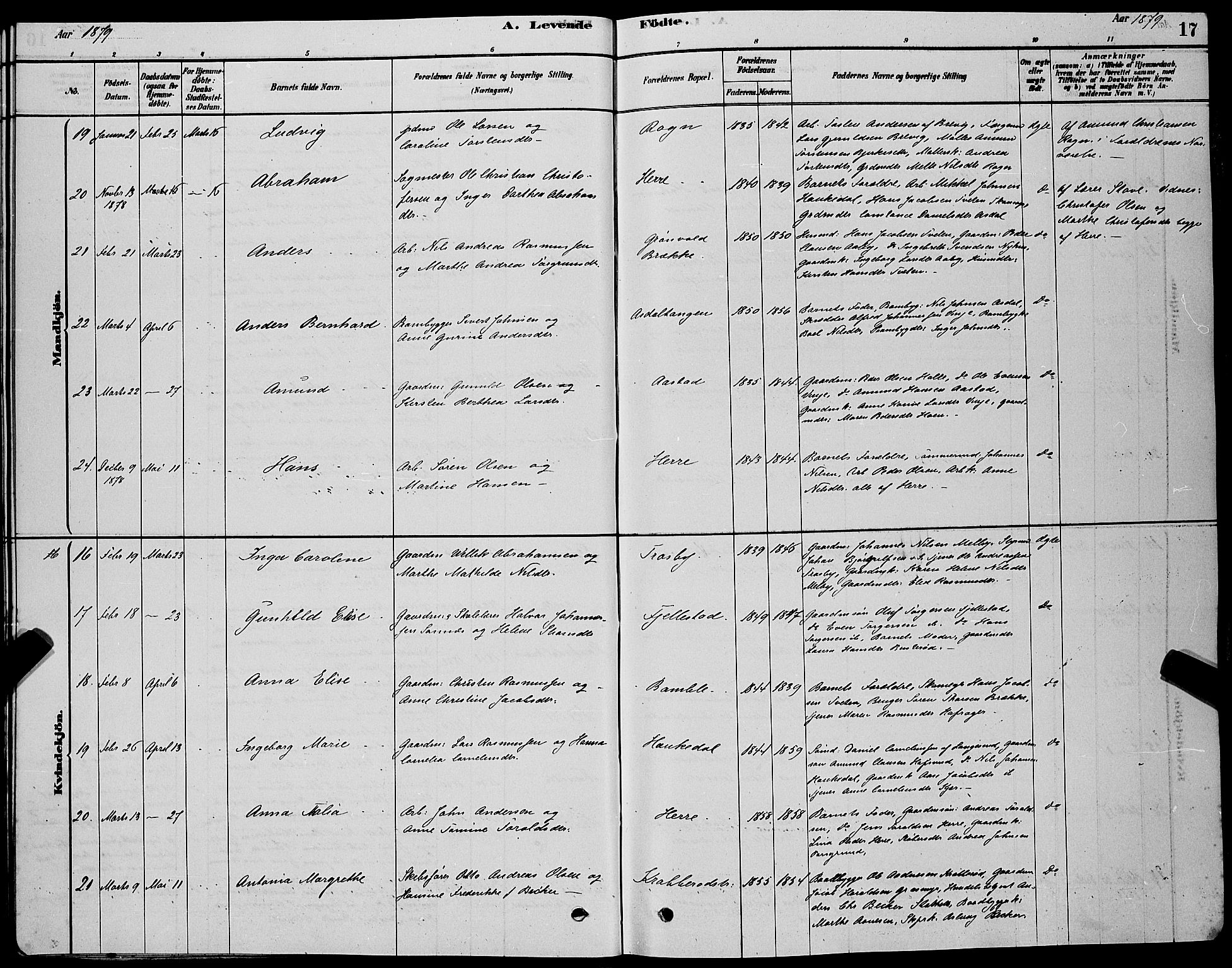 Bamble kirkebøker, AV/SAKO-A-253/G/Ga/L0008: Parish register (copy) no. I 8, 1878-1888, p. 17