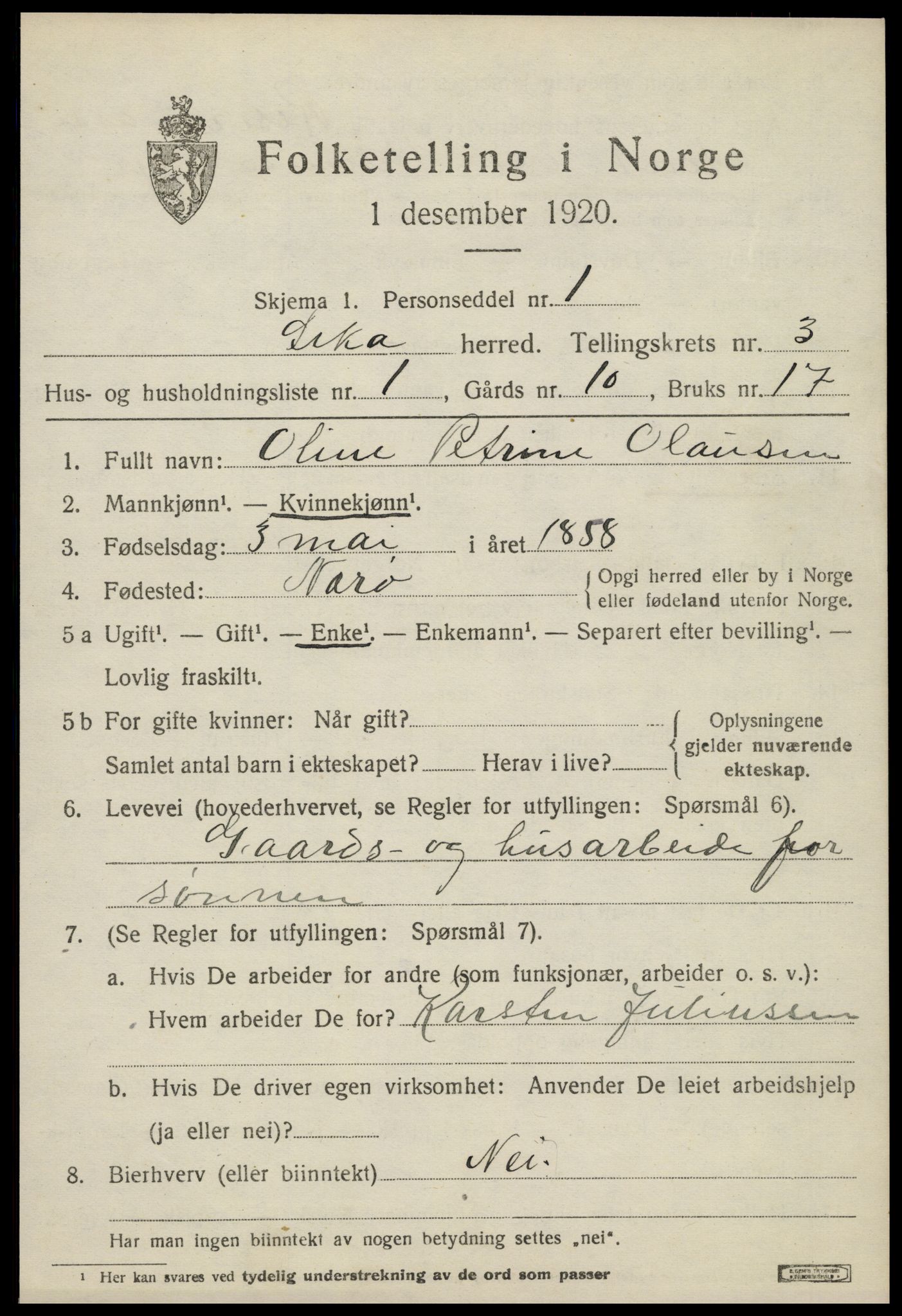 SAT, 1920 census for Leka, 1920, p. 1065