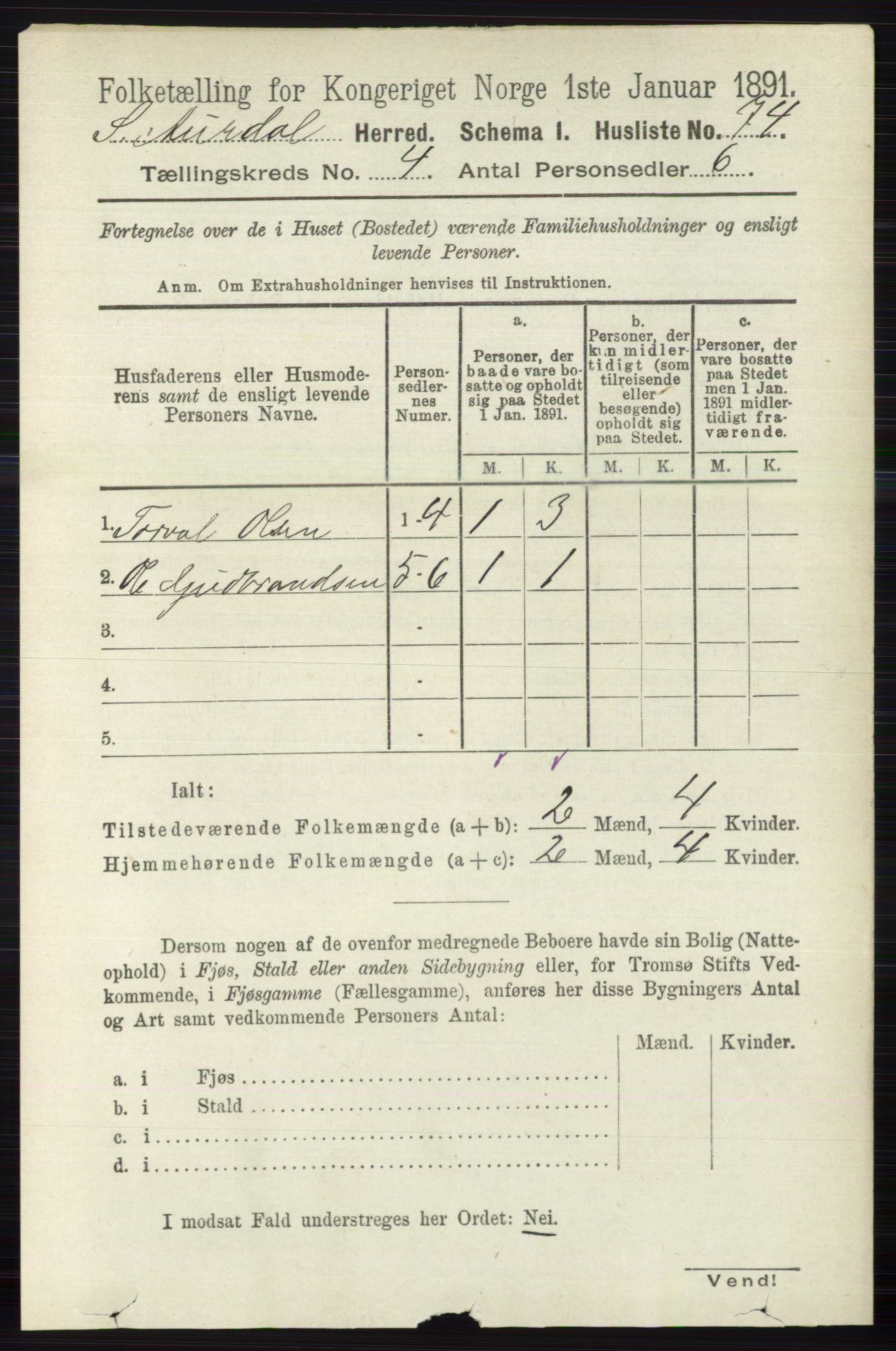 RA, 1891 census for 0540 Sør-Aurdal, 1891, p. 2393