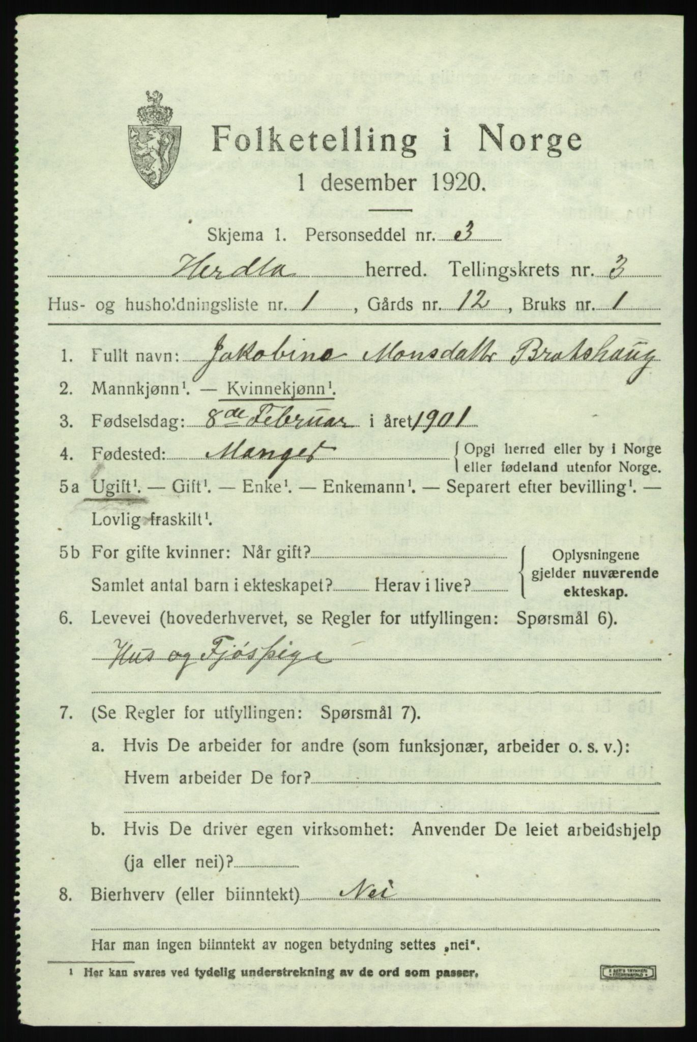 SAB, 1920 census for Herdla, 1920, p. 2855