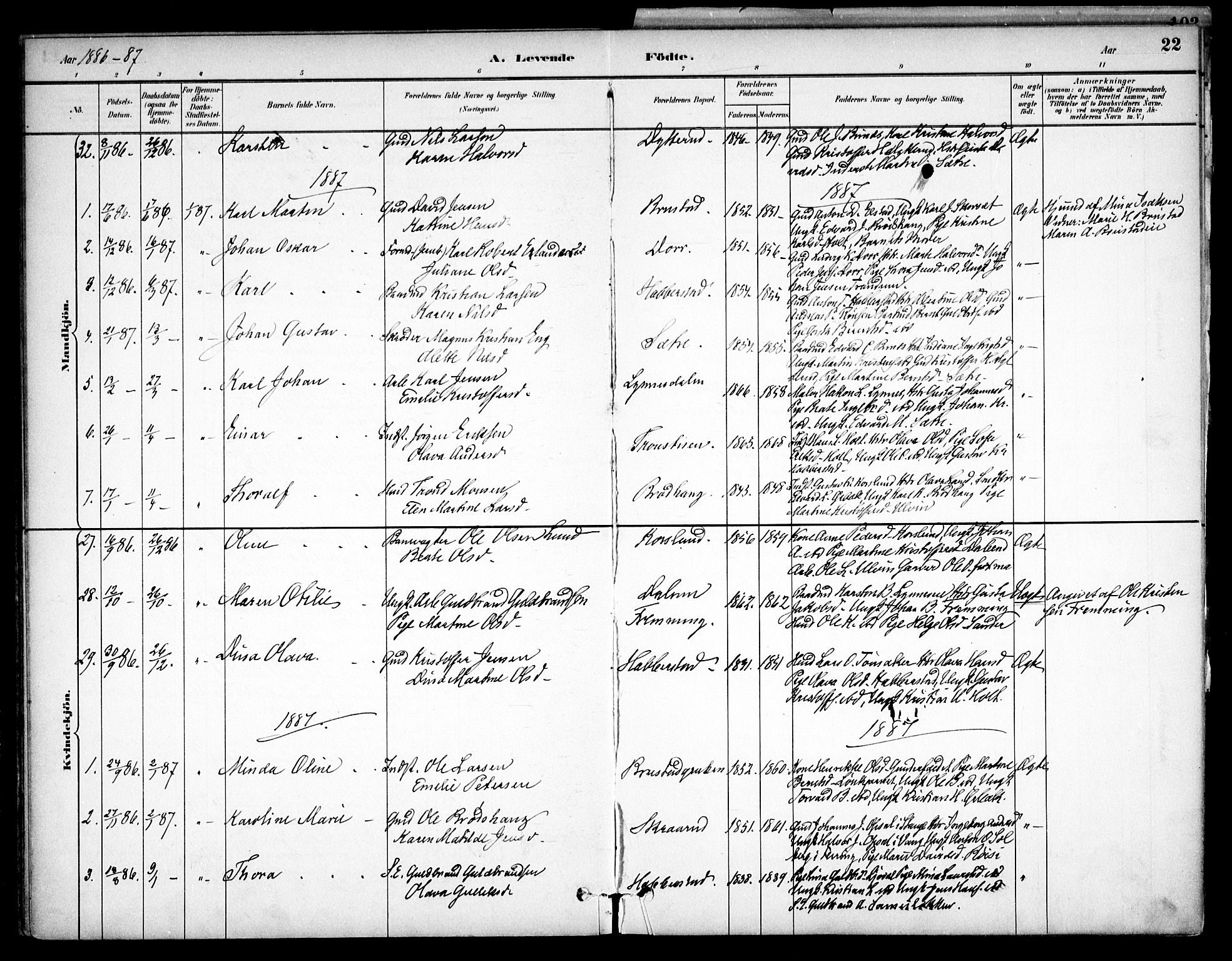 Eidsvoll prestekontor Kirkebøker, SAO/A-10888/F/Fb/L0001: Parish register (official) no. II 1, 1882-1897, p. 22