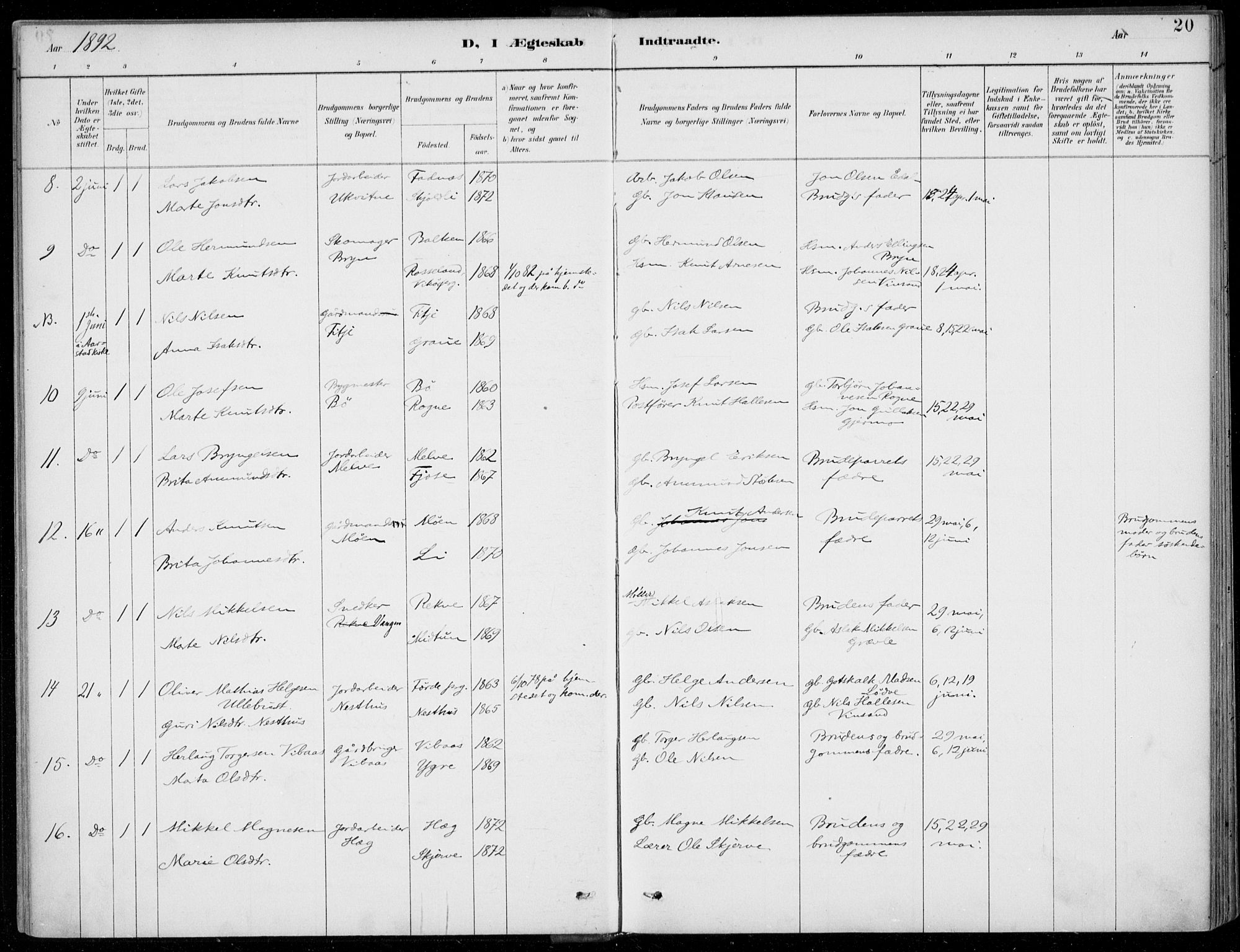 Voss sokneprestembete, AV/SAB-A-79001/H/Haa: Parish register (official) no. C  1, 1887-1915, p. 20