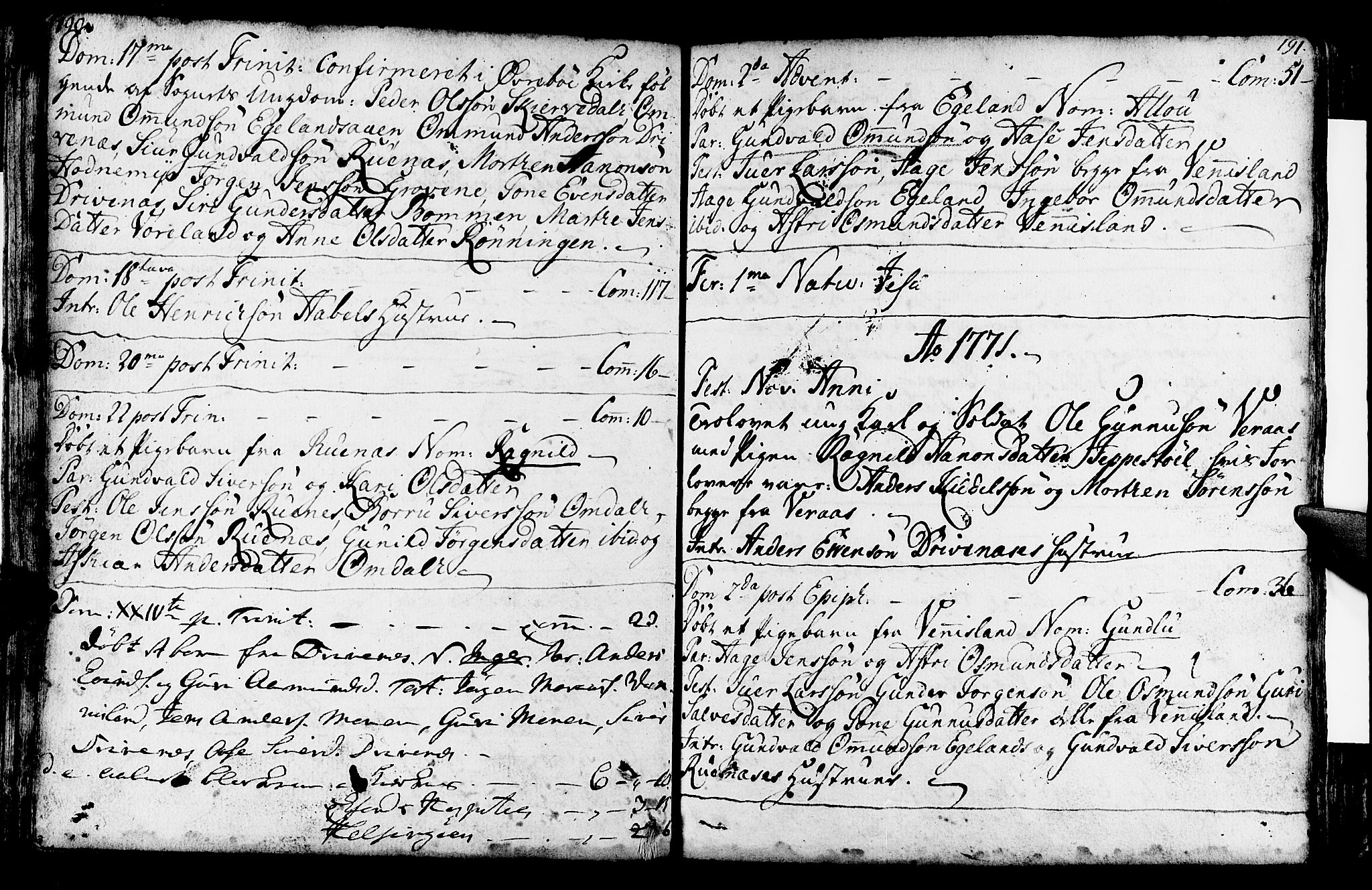 Vennesla sokneprestkontor, SAK/1111-0045/Fa/Fab/L0001: Parish register (official) no. A 1, 1741-1794, p. 190-191