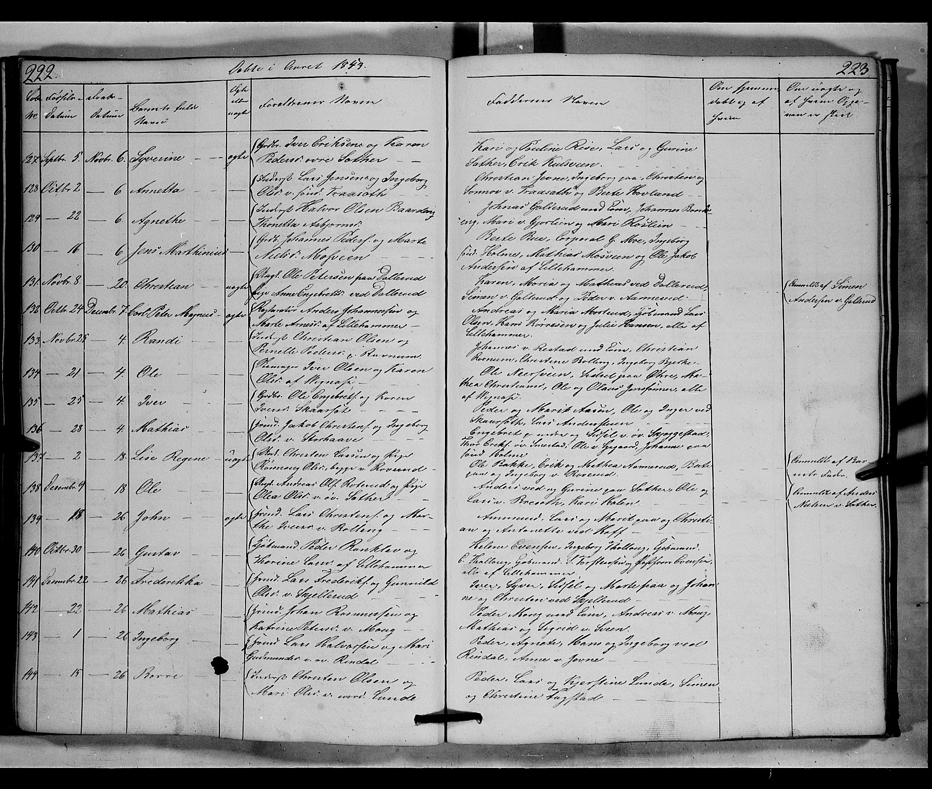 Fåberg prestekontor, SAH/PREST-086/H/Ha/Hab/L0006: Parish register (copy) no. 6, 1837-1855, p. 222-223