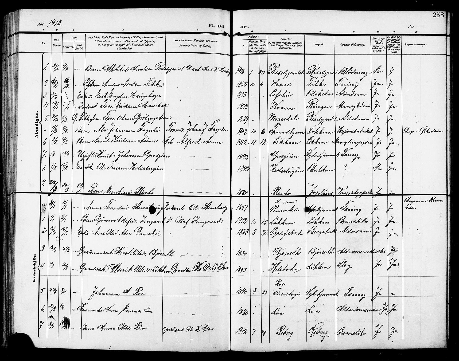 Ministerialprotokoller, klokkerbøker og fødselsregistre - Sør-Trøndelag, SAT/A-1456/672/L0864: Parish register (copy) no. 672C03, 1902-1914, p. 258