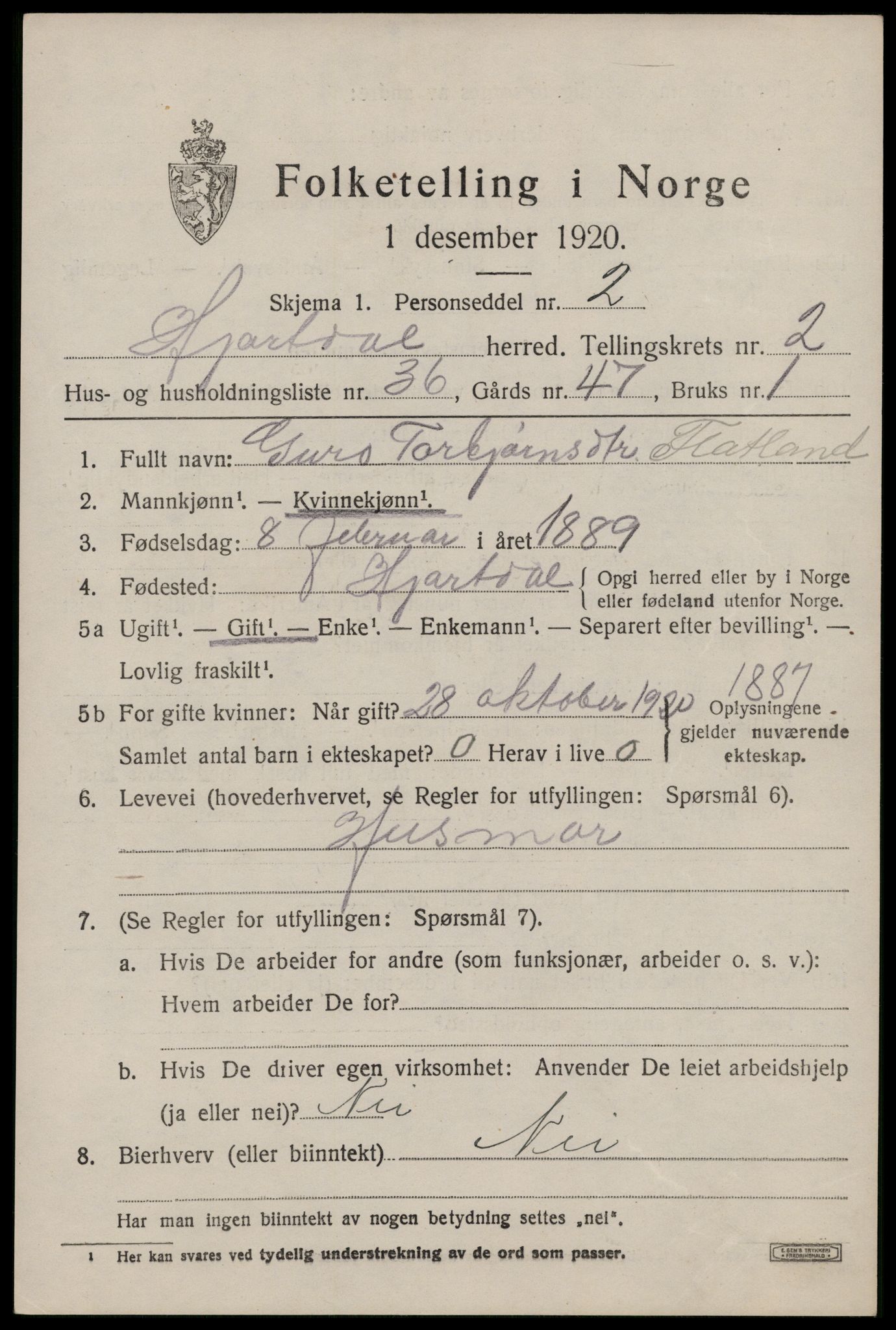 SAKO, 1920 census for Hjartdal, 1920, p. 2200
