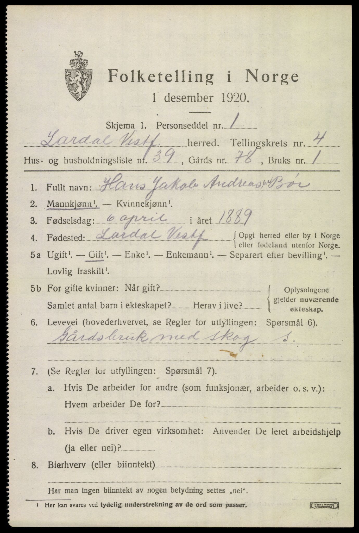 SAKO, 1920 census for Lardal, 1920, p. 3997