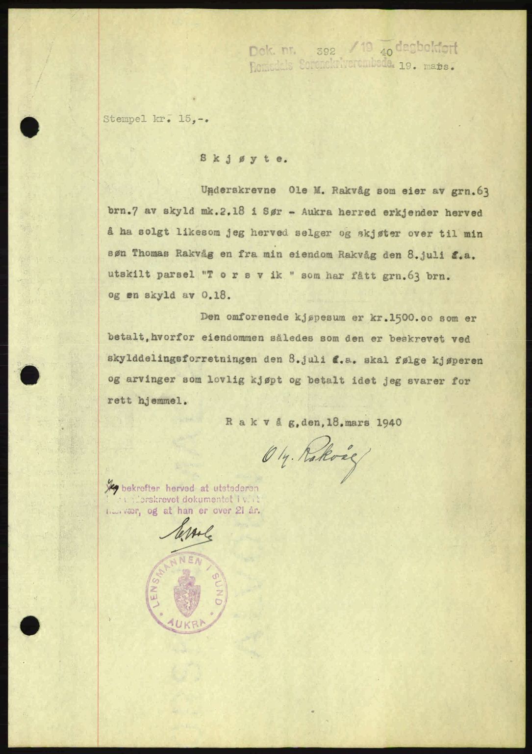 Romsdal sorenskriveri, AV/SAT-A-4149/1/2/2C: Mortgage book no. A8, 1939-1940, Diary no: : 392/1940