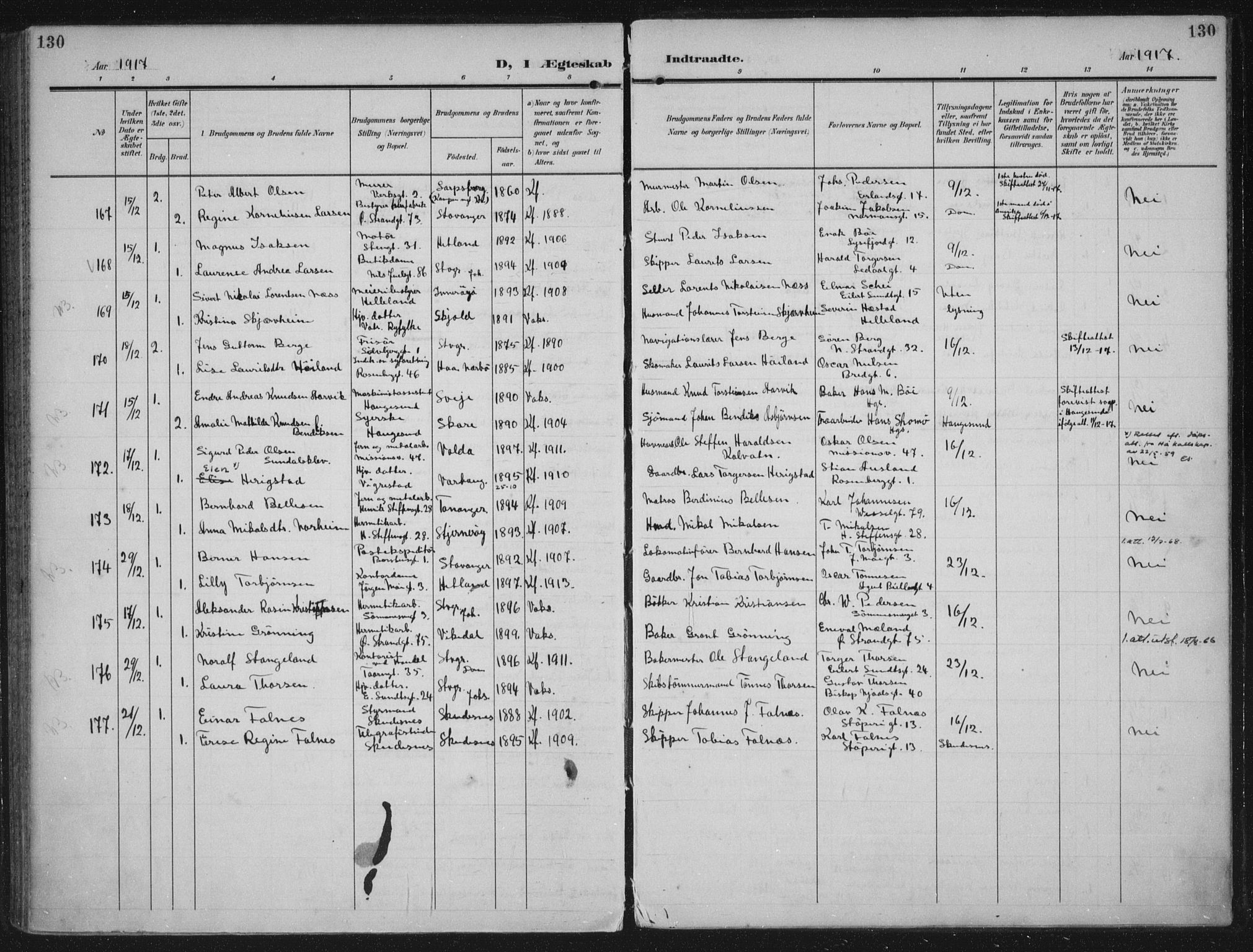 Domkirken sokneprestkontor, AV/SAST-A-101812/002/A/L0016: Parish register (official) no. A 33, 1905-1922, p. 130