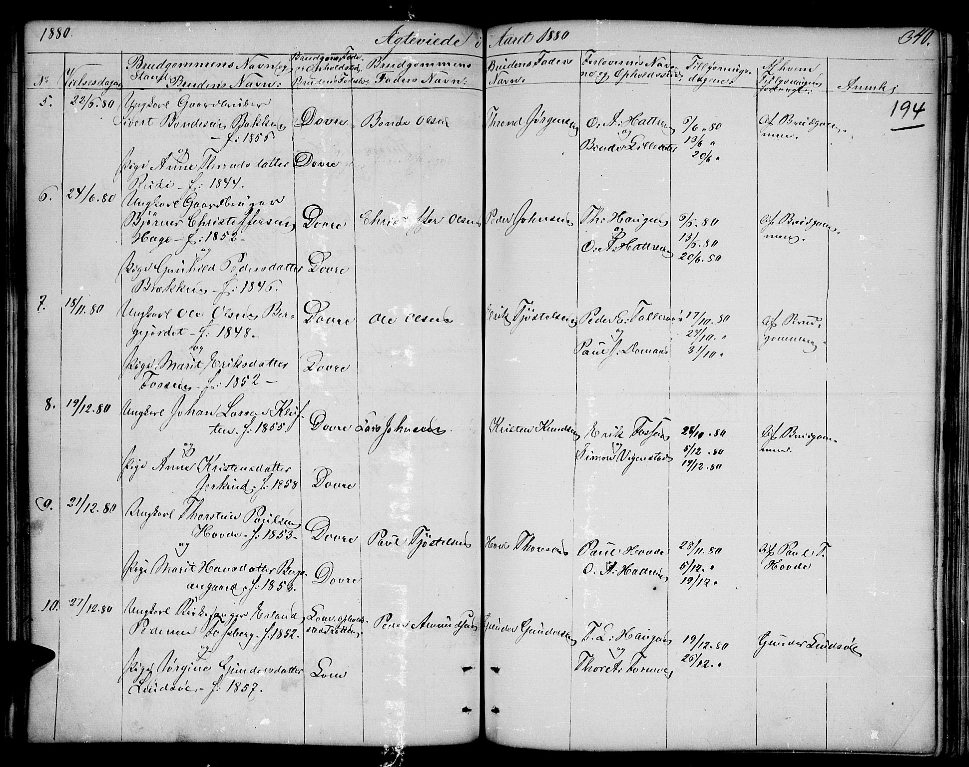 Dovre prestekontor, SAH/PREST-066/H/Ha/Hab/L0001: Parish register (copy) no. 1, 1862-1880, p. 340