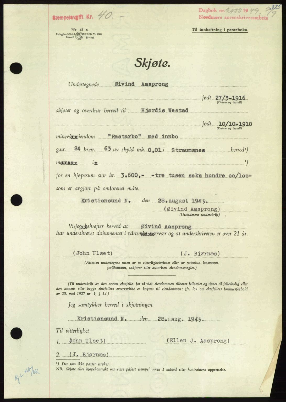 Nordmøre sorenskriveri, AV/SAT-A-4132/1/2/2Ca: Mortgage book no. A112, 1949-1949, Diary no: : 2433/1949