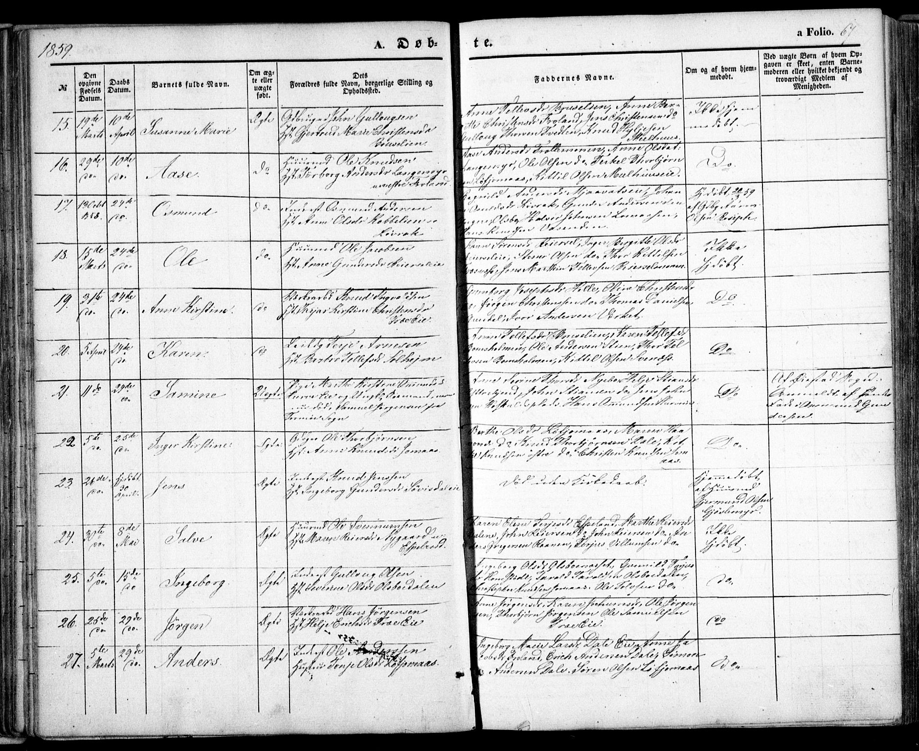 Froland sokneprestkontor, SAK/1111-0013/F/Fa/L0002: Parish register (official) no. A 2, 1845-1863, p. 67