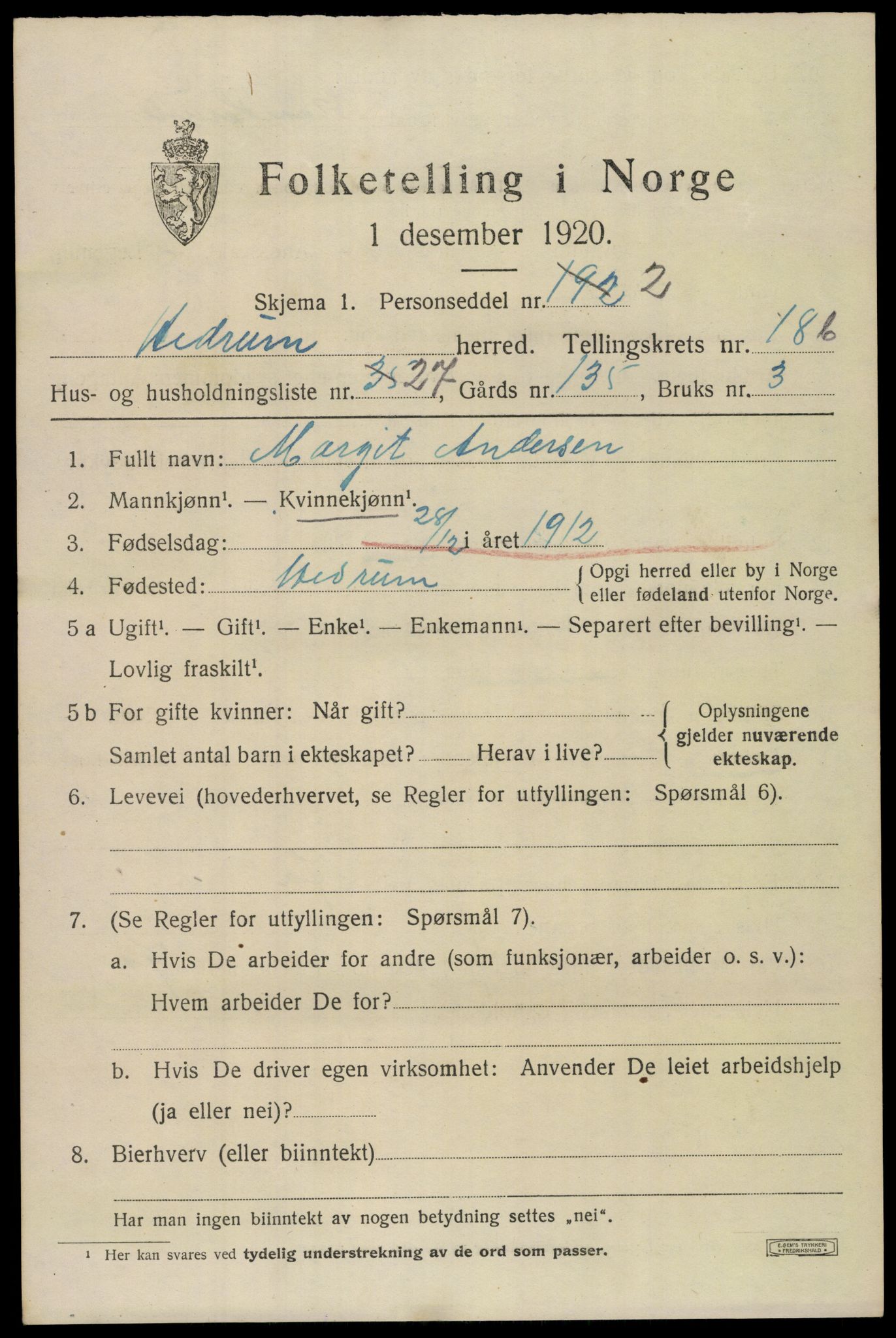 SAKO, 1920 census for Hedrum, 1920, p. 11303