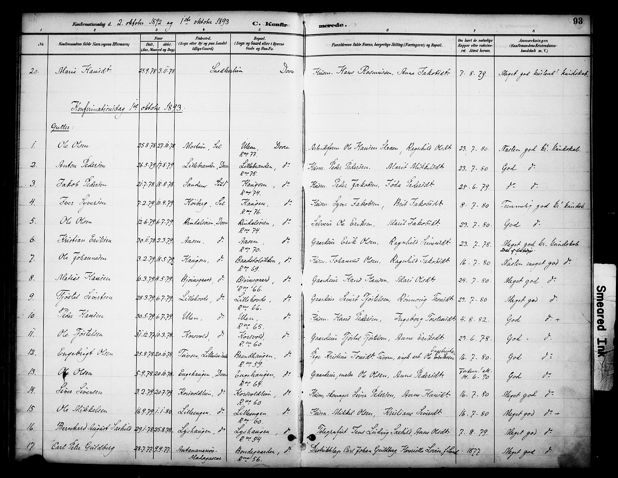 Dovre prestekontor, AV/SAH-PREST-066/H/Ha/Haa/L0003: Parish register (official) no. 3, 1891-1901, p. 93
