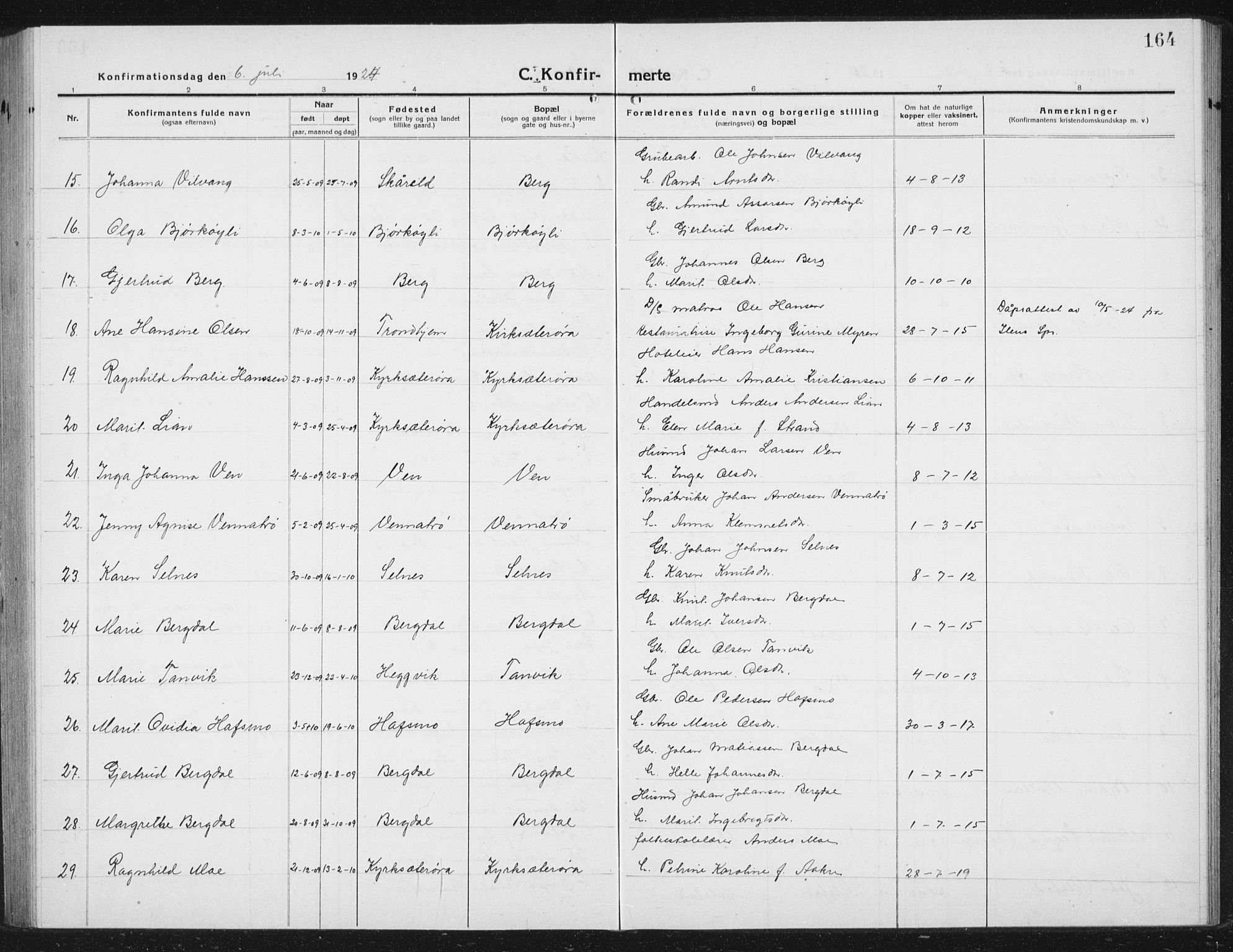 Ministerialprotokoller, klokkerbøker og fødselsregistre - Sør-Trøndelag, SAT/A-1456/630/L0506: Parish register (copy) no. 630C04, 1914-1933, p. 164