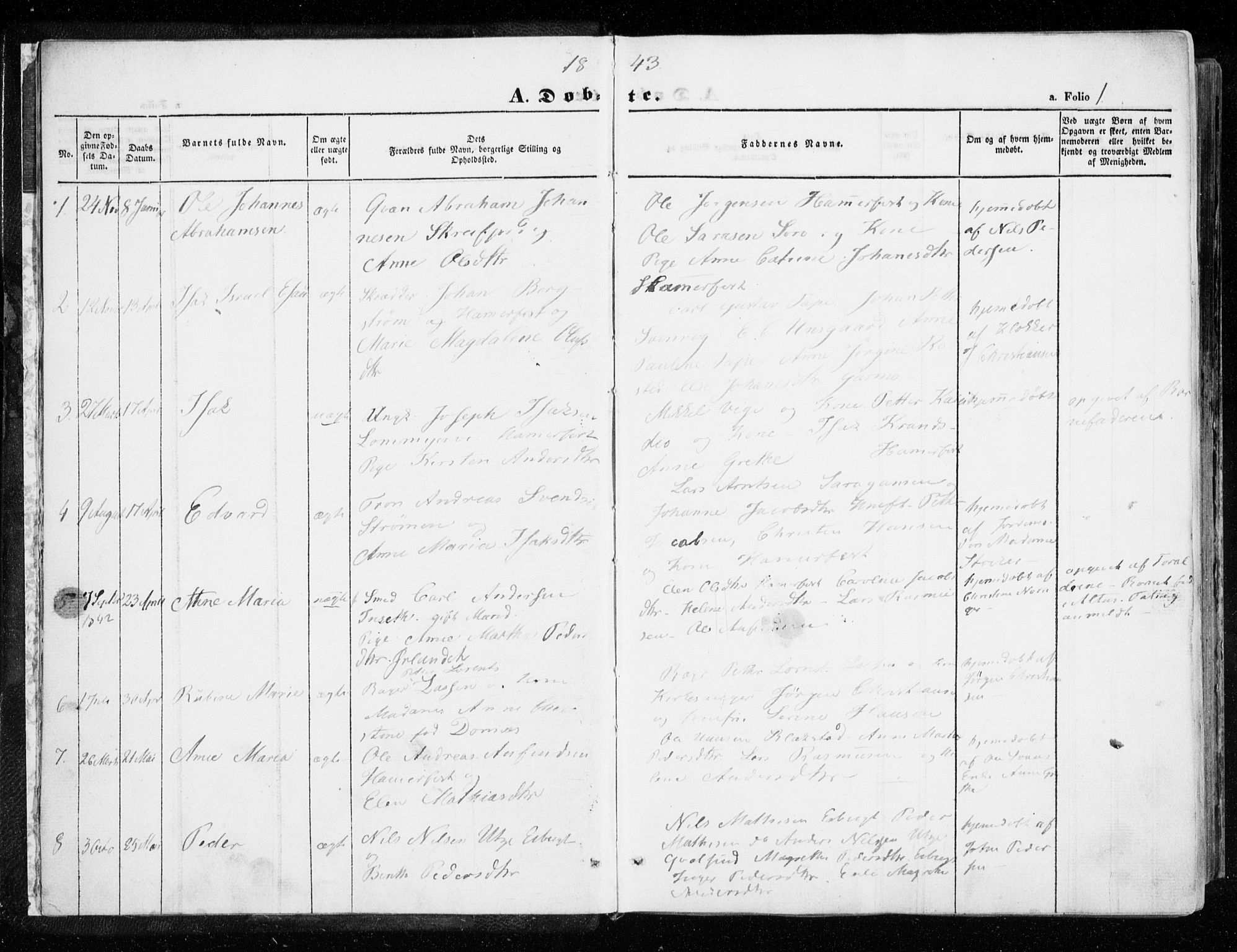 Hammerfest sokneprestkontor, AV/SATØ-S-1347/H/Ha/L0004.kirke: Parish register (official) no. 4, 1843-1856, p. 1