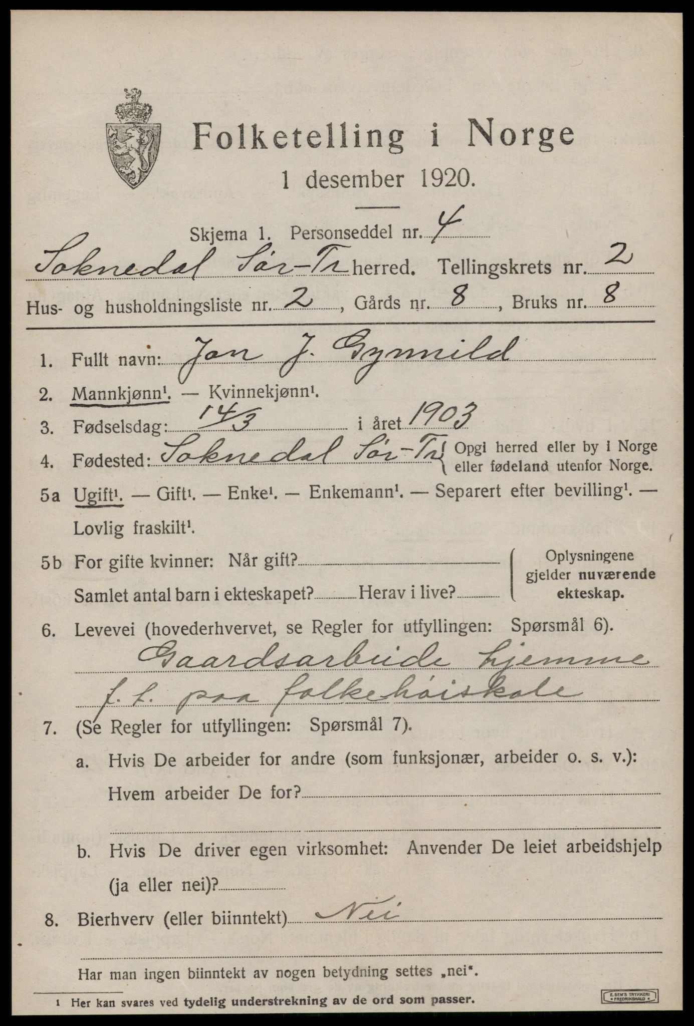 SAT, 1920 census for Soknedal, 1920, p. 1236