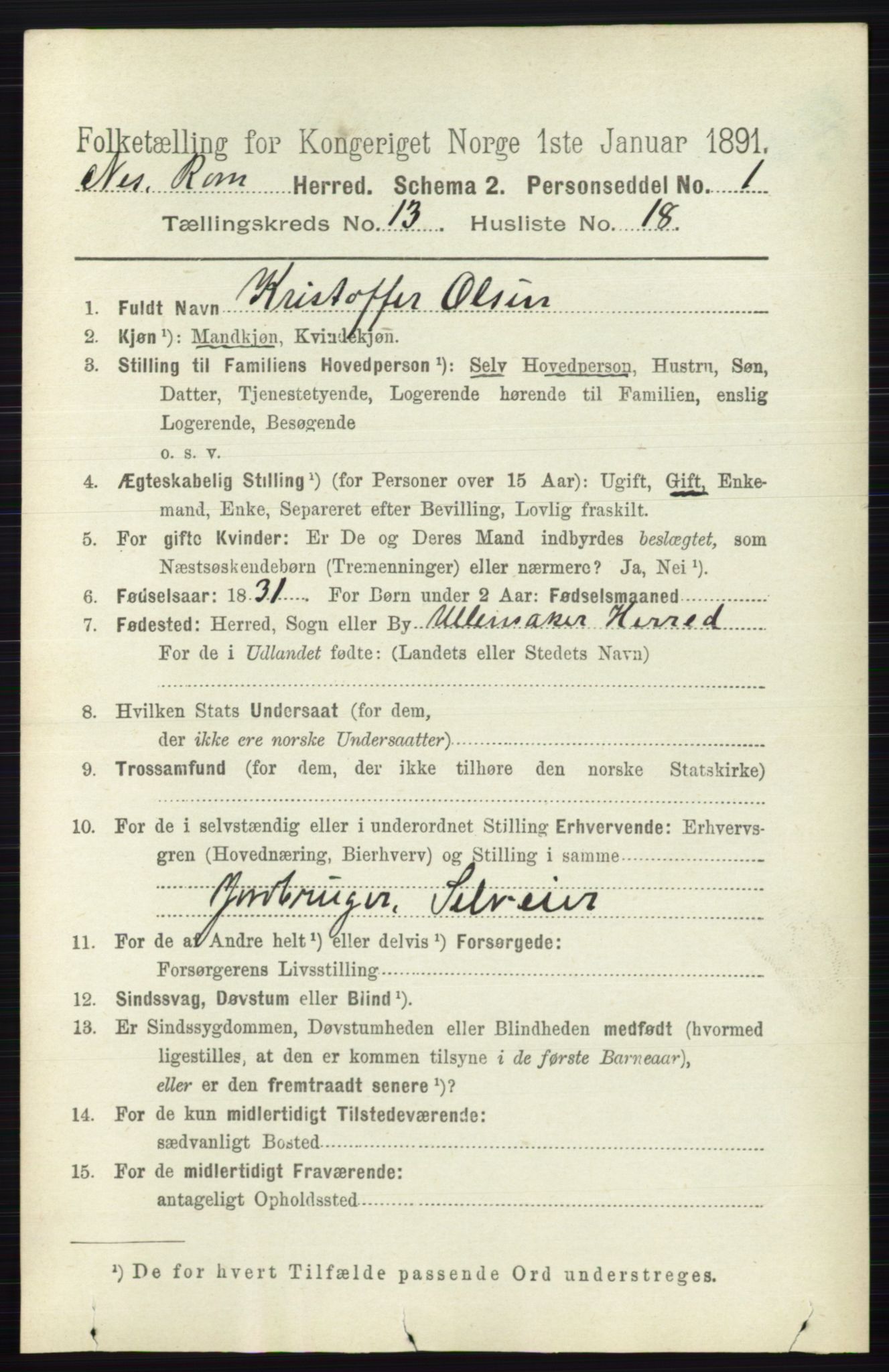 RA, 1891 census for 0236 Nes, 1891, p. 7942