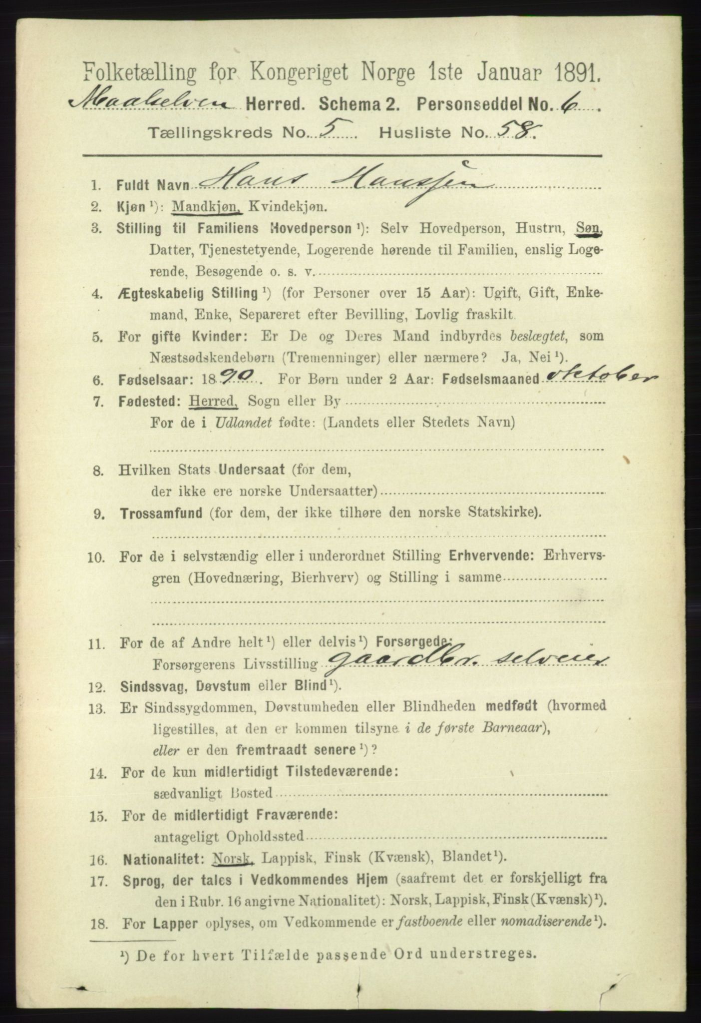RA, 1891 census for 1924 Målselv, 1891, p. 2004