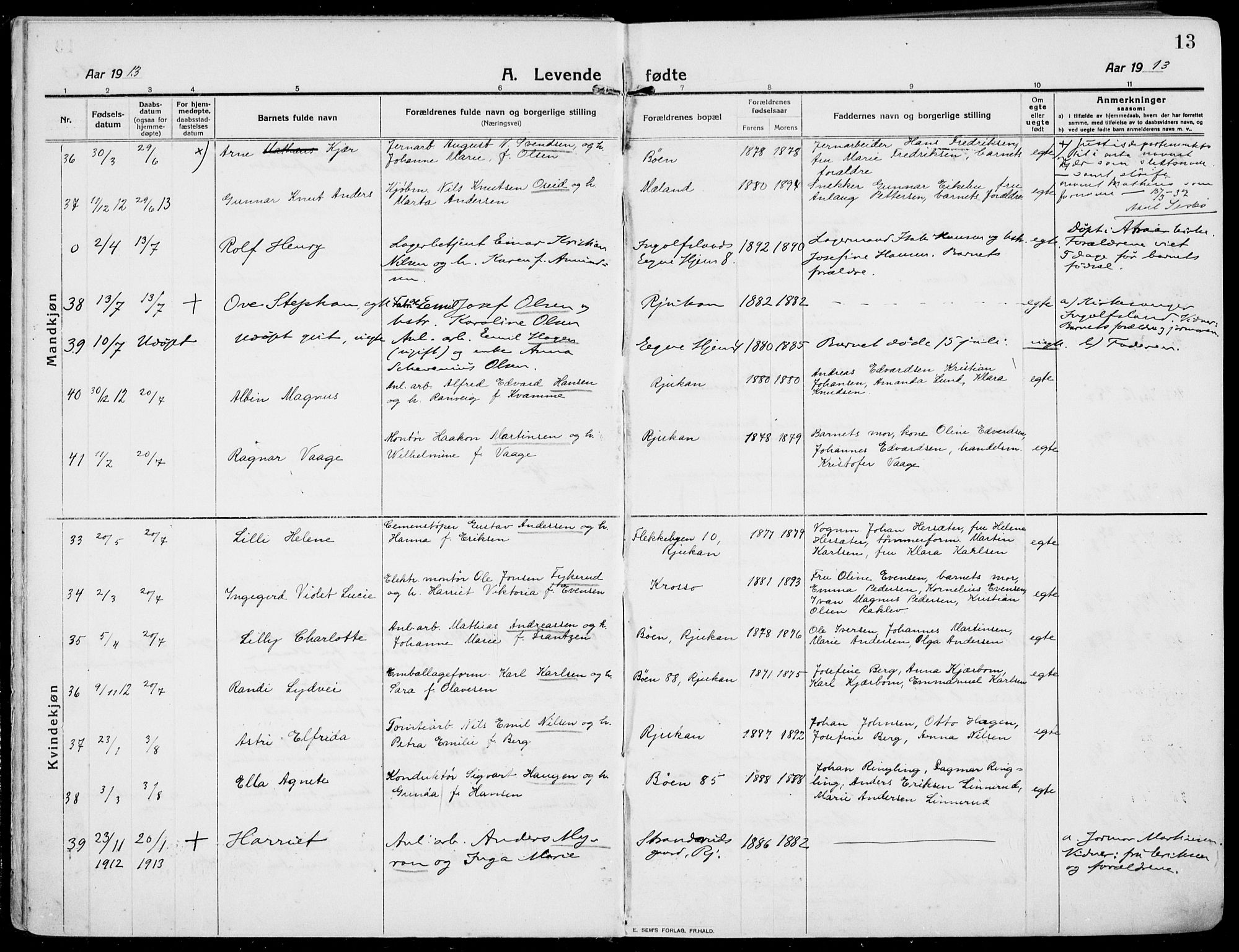 Rjukan kirkebøker, SAKO/A-294/F/Fa/L0002: Parish register (official) no. 2, 1912-1917, p. 13