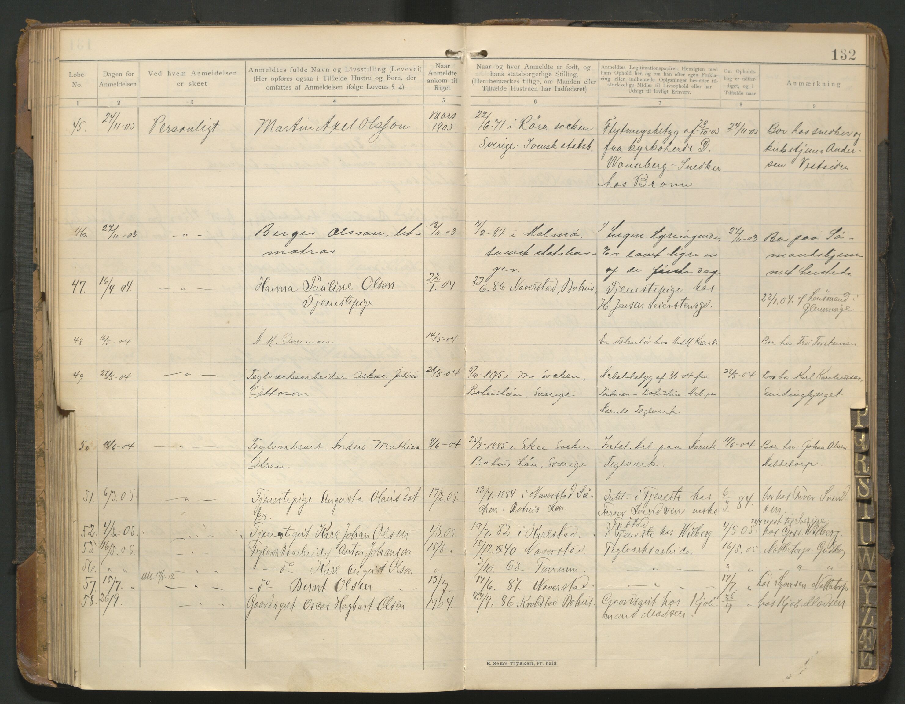 Fredrikstad politikammer, AV/SAO-A-10055/H/Hb/Hba/L0001: Protokoll over fremmede statsborgere, 1901-1916, p. 131b-132a