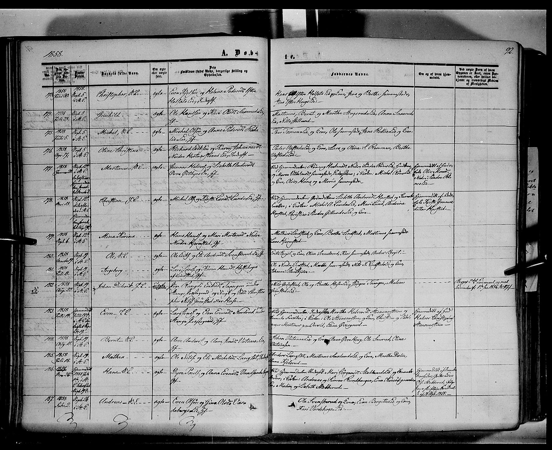 Stange prestekontor, SAH/PREST-002/K/L0012: Parish register (official) no. 12, 1852-1862, p. 92