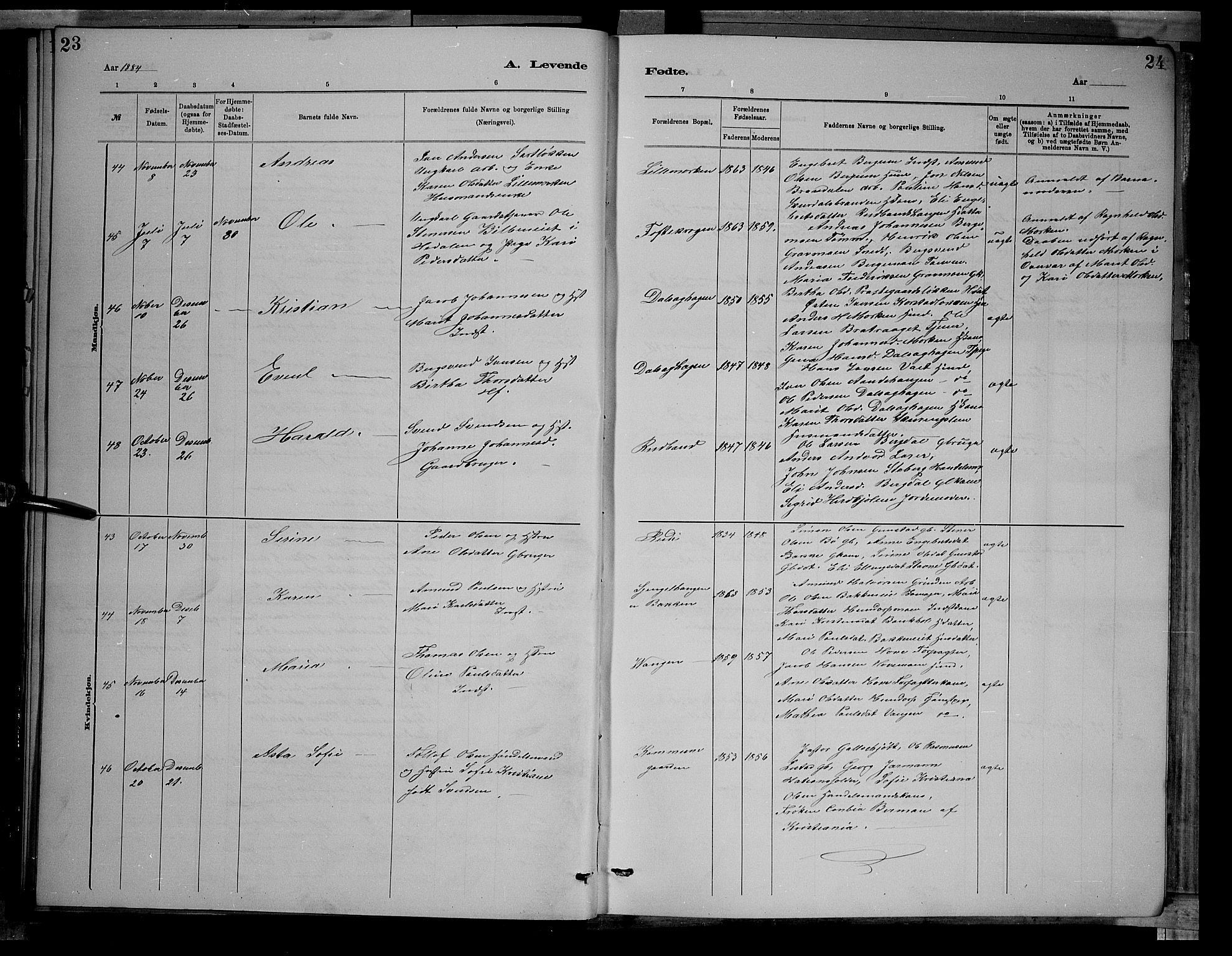 Sør-Fron prestekontor, SAH/PREST-010/H/Ha/Hab/L0003: Parish register (copy) no. 3, 1884-1896, p. 23-24